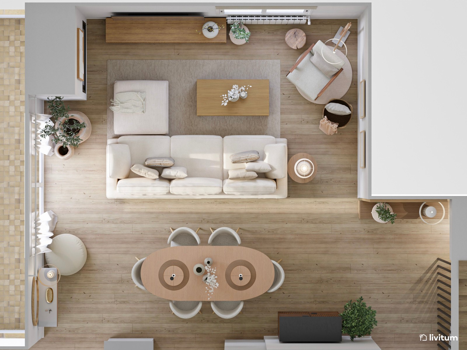 Salón abierto de estilo nórdico en tono claro y materiales naturales