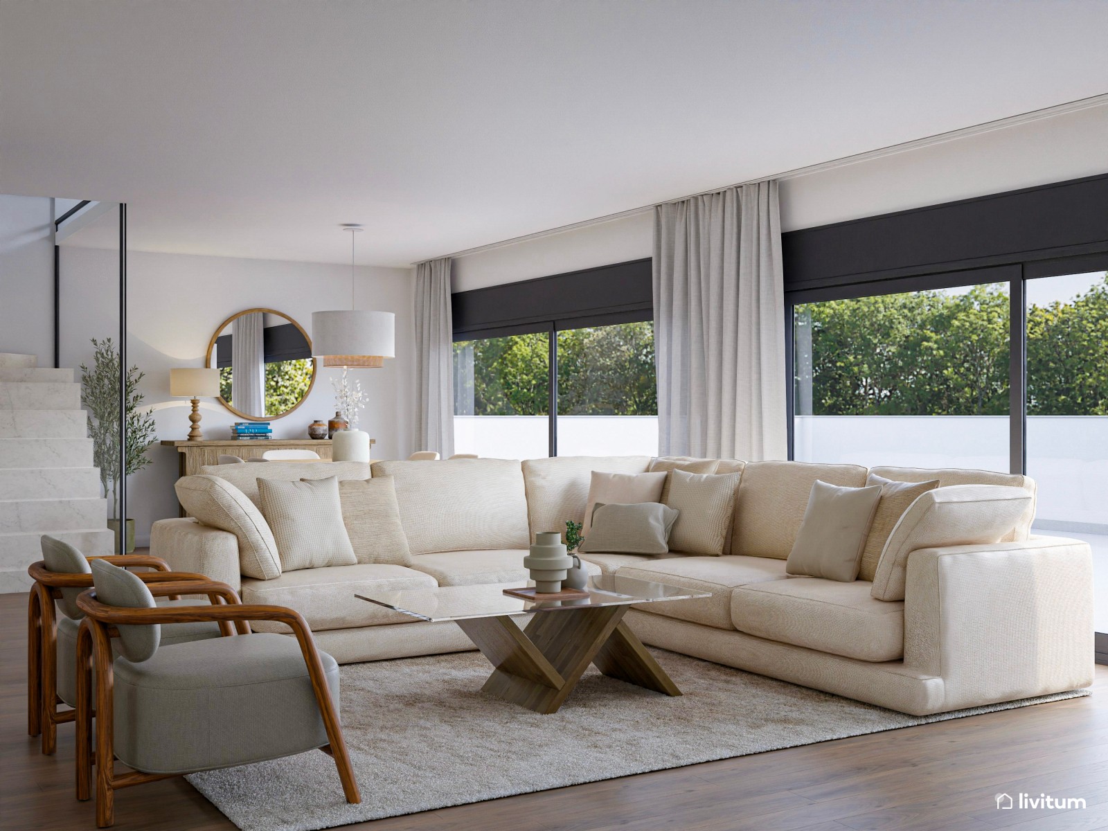 Salón abierto, grande, acogedor y nórdico con sofá de 6 plazas 