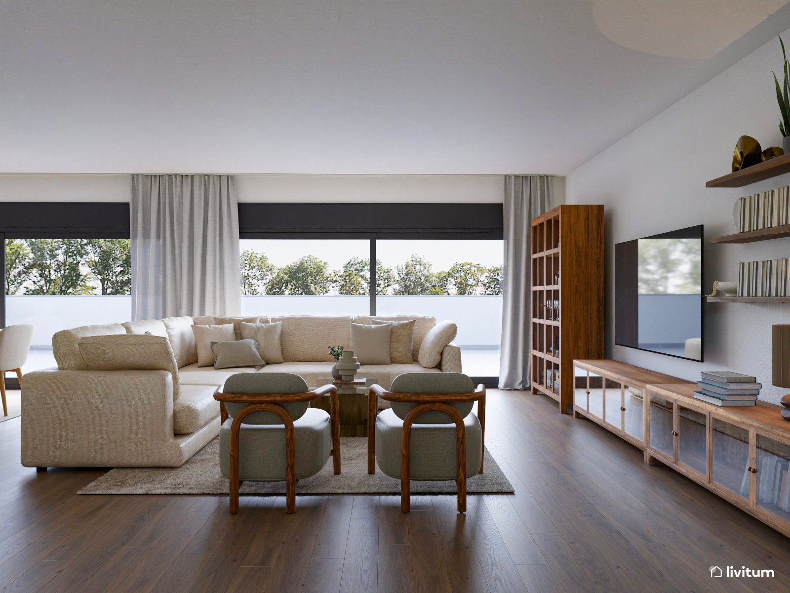 Salón abierto, grande, acogedor y nórdico con sofá de 6 plazas 