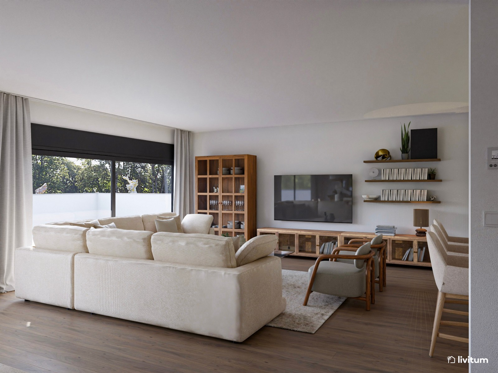 Salón abierto, grande, acogedor y nórdico con sofá de 6 plazas 