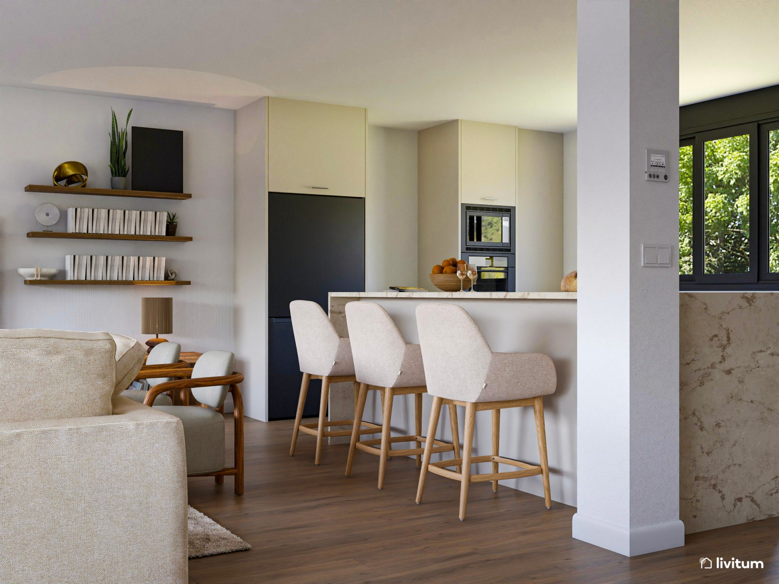 Salón abierto, grande, acogedor y nórdico con sofá de 6 plazas 