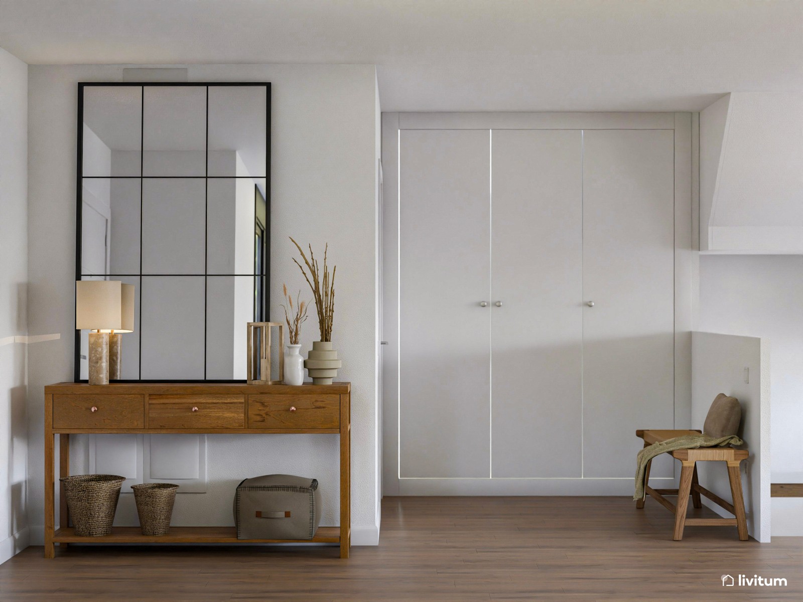 Salón abierto, grande, acogedor y nórdico con sofá de 6 plazas 