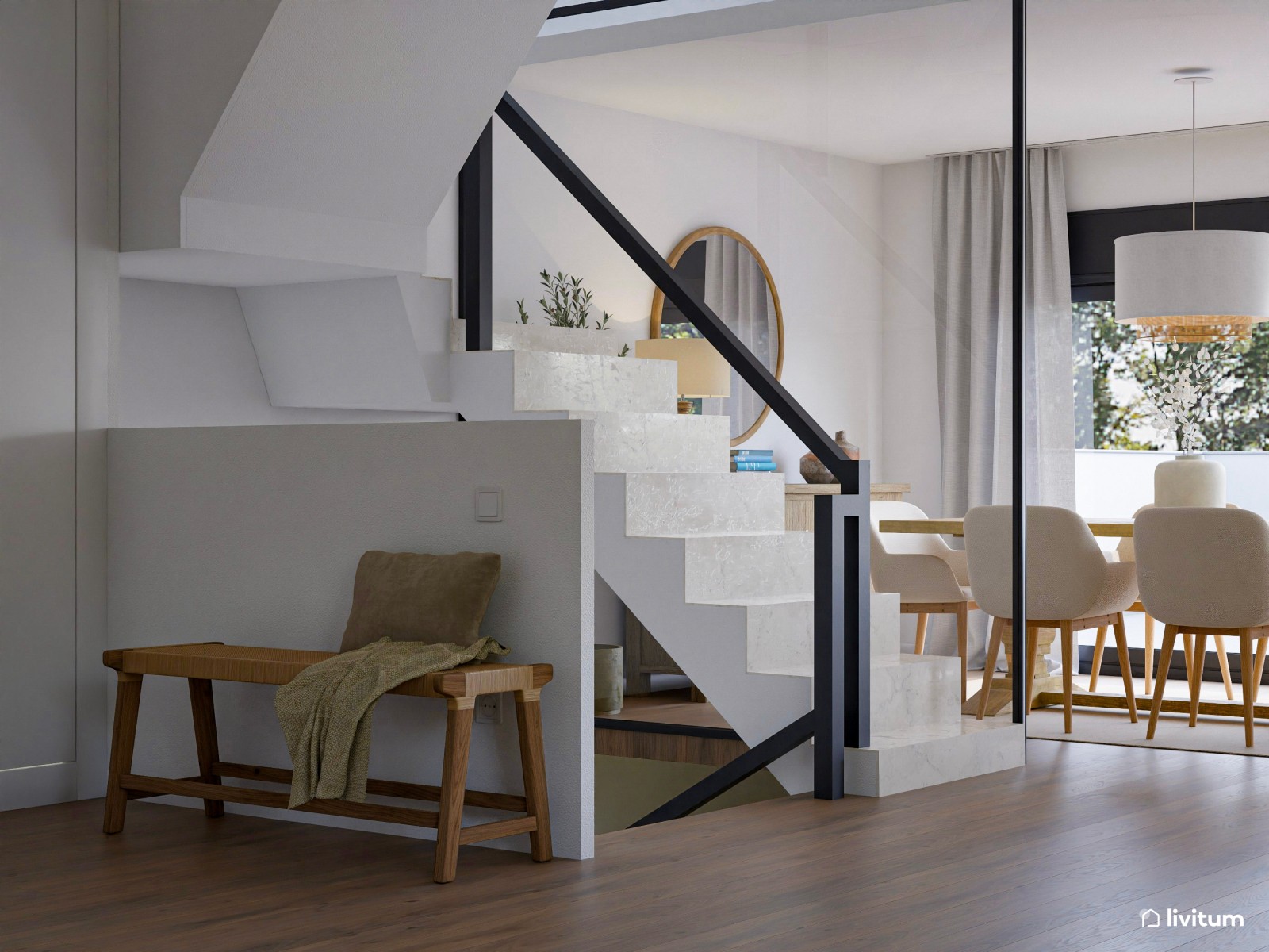 Salón abierto, grande, acogedor y nórdico con sofá de 6 plazas 