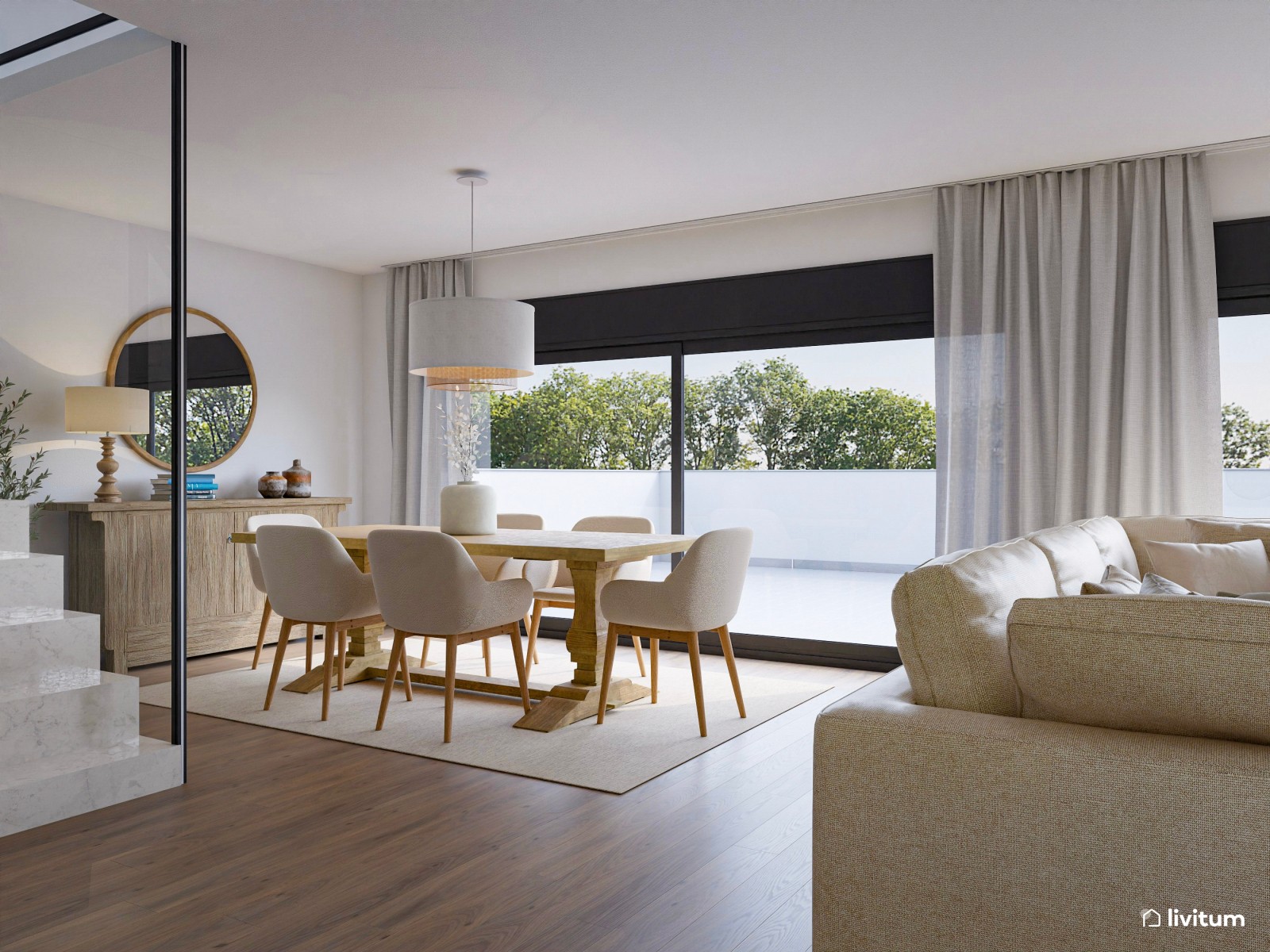 Salón abierto, grande, acogedor y nórdico con sofá de 6 plazas 