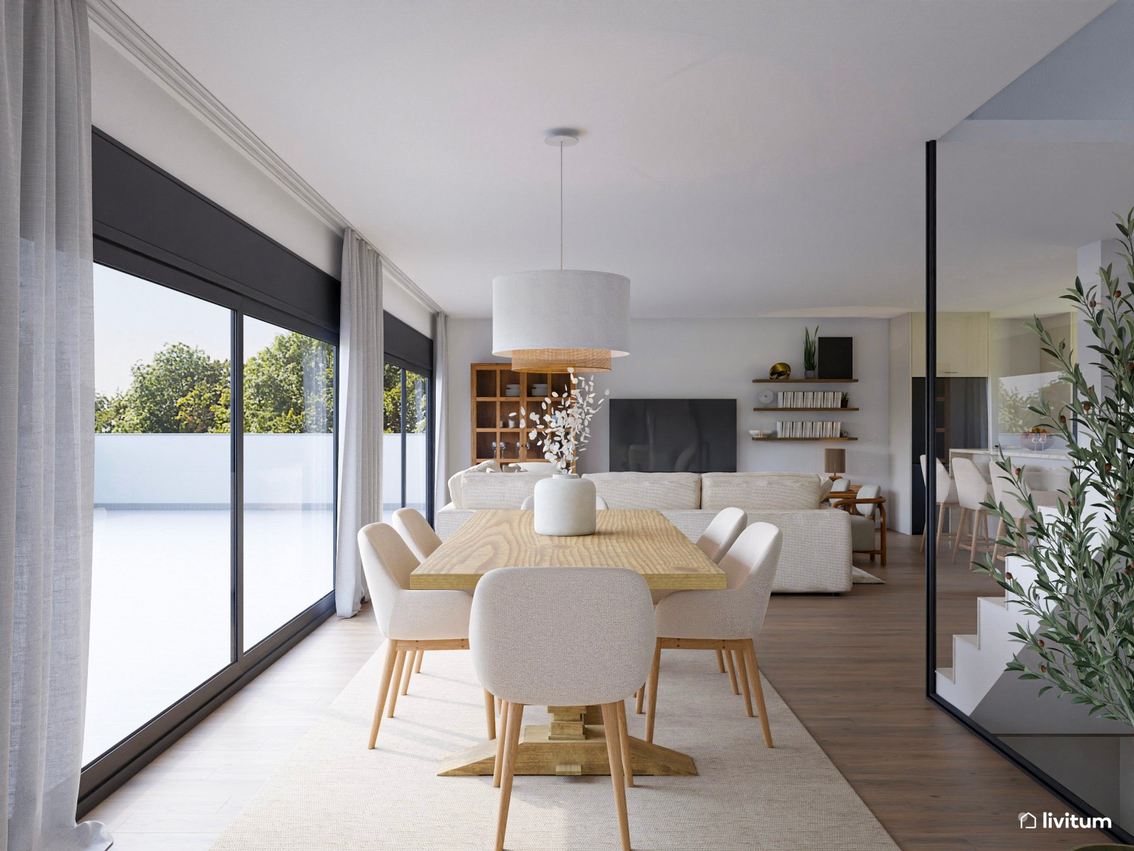 Salón abierto, grande, acogedor y nórdico con sofá de 6 plazas 