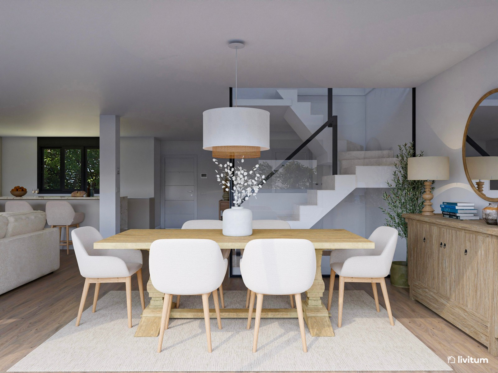 Salón abierto, grande, acogedor y nórdico con sofá de 6 plazas 