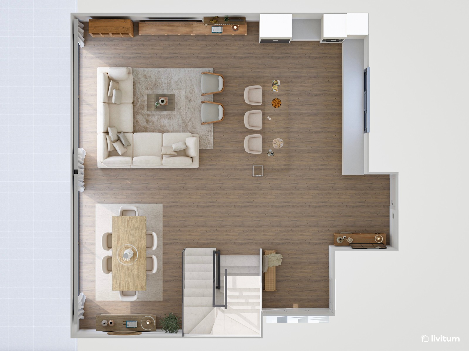 Salón abierto, grande, acogedor y nórdico con sofá de 6 plazas 