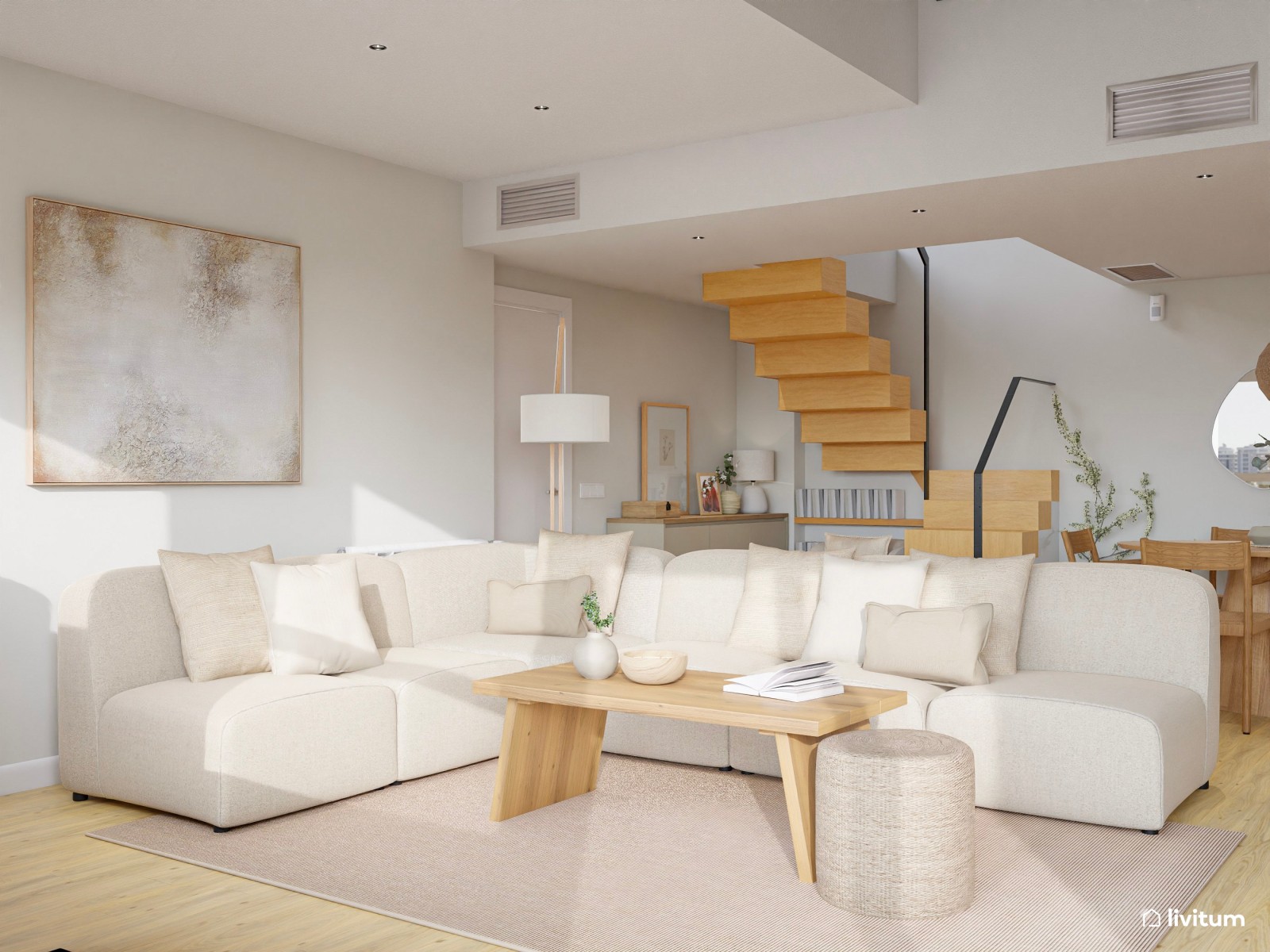 Salón abierto minimalista con toques rústicos en blanco y madera