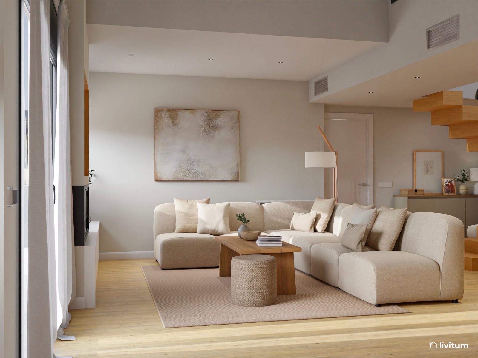 Salón abierto minimalista con toques rústicos en blanco y madera