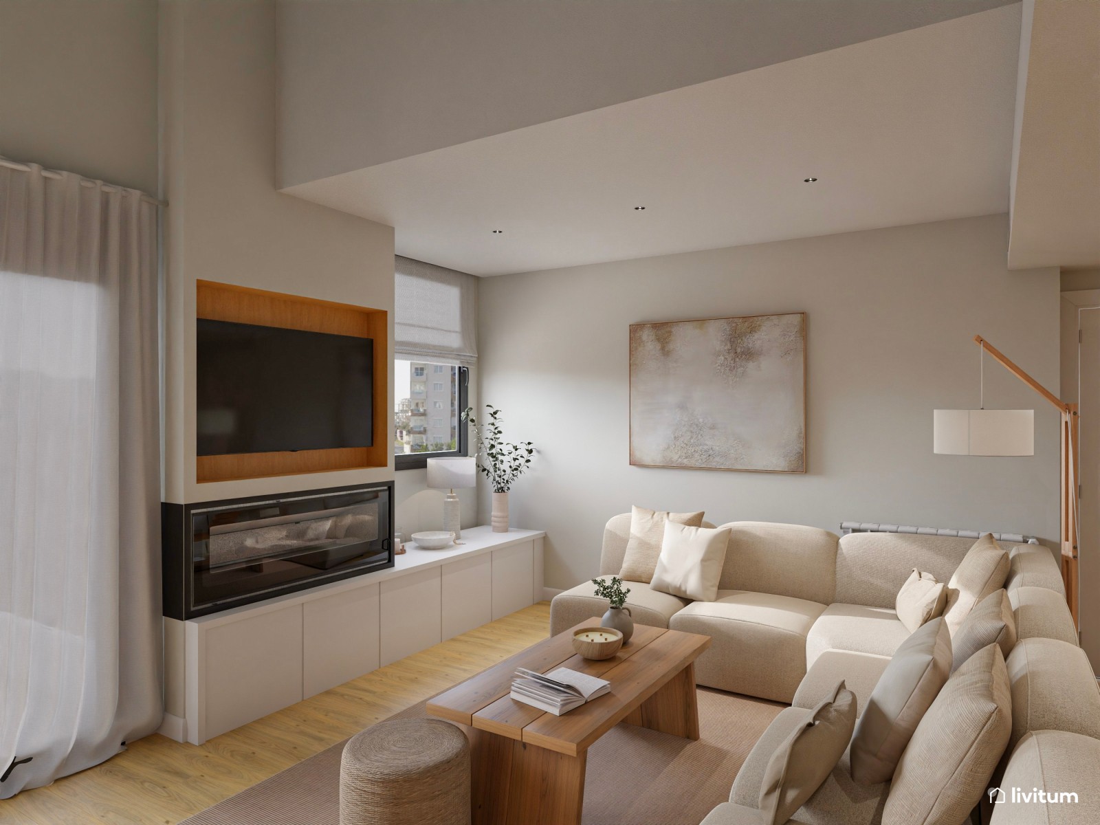 Salón abierto minimalista con toques rústicos en blanco y madera