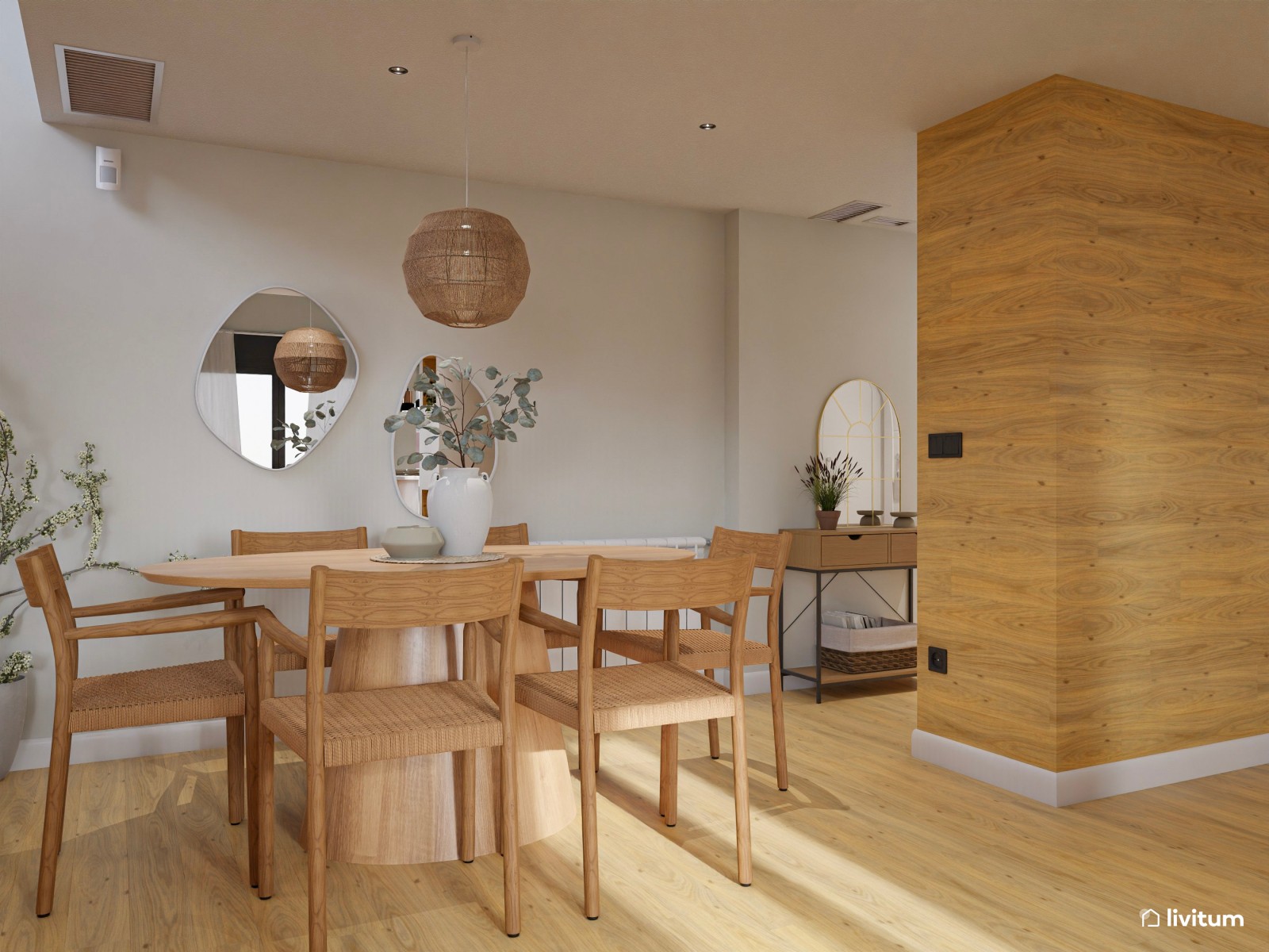 Salón abierto minimalista con toques rústicos en blanco y madera