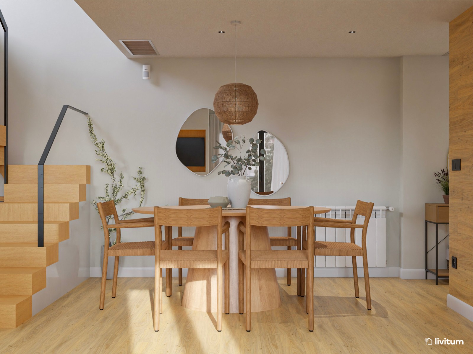 Salón abierto minimalista con toques rústicos en blanco y madera