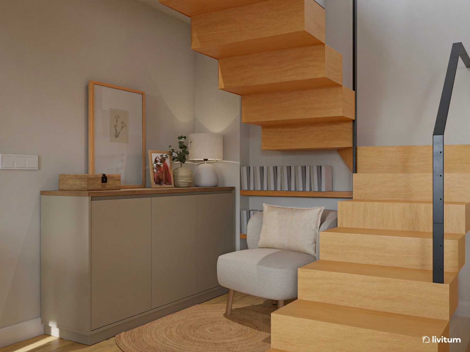 Salón abierto minimalista con toques rústicos en blanco y madera