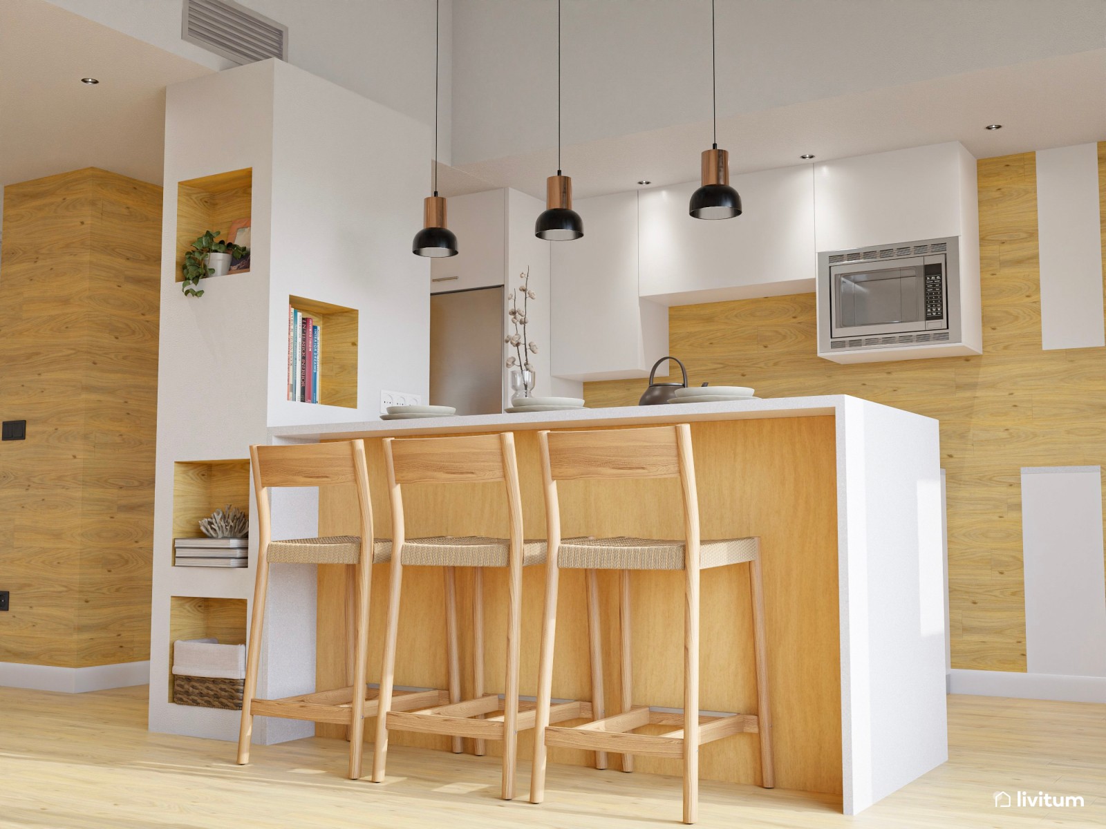 Salón abierto minimalista con toques rústicos en blanco y madera