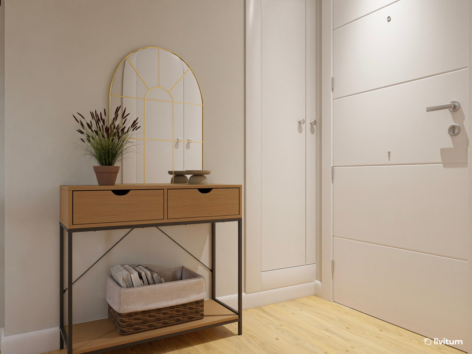 Salón abierto minimalista con toques rústicos en blanco y madera