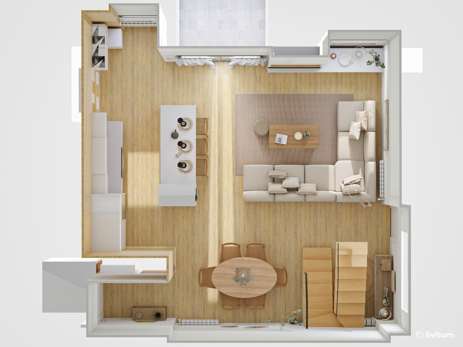 Salón abierto minimalista con toques rústicos en blanco y madera