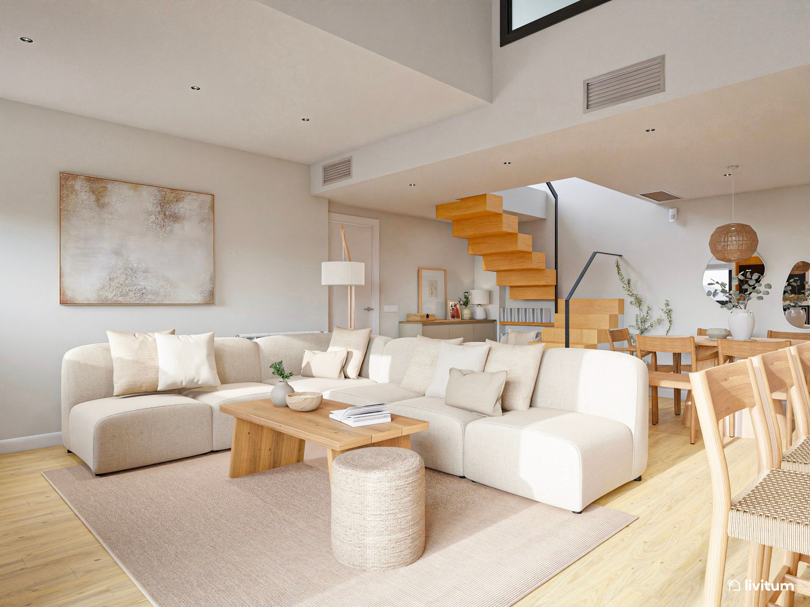 Salón abierto minimalista con toques rústicos en blanco y madera