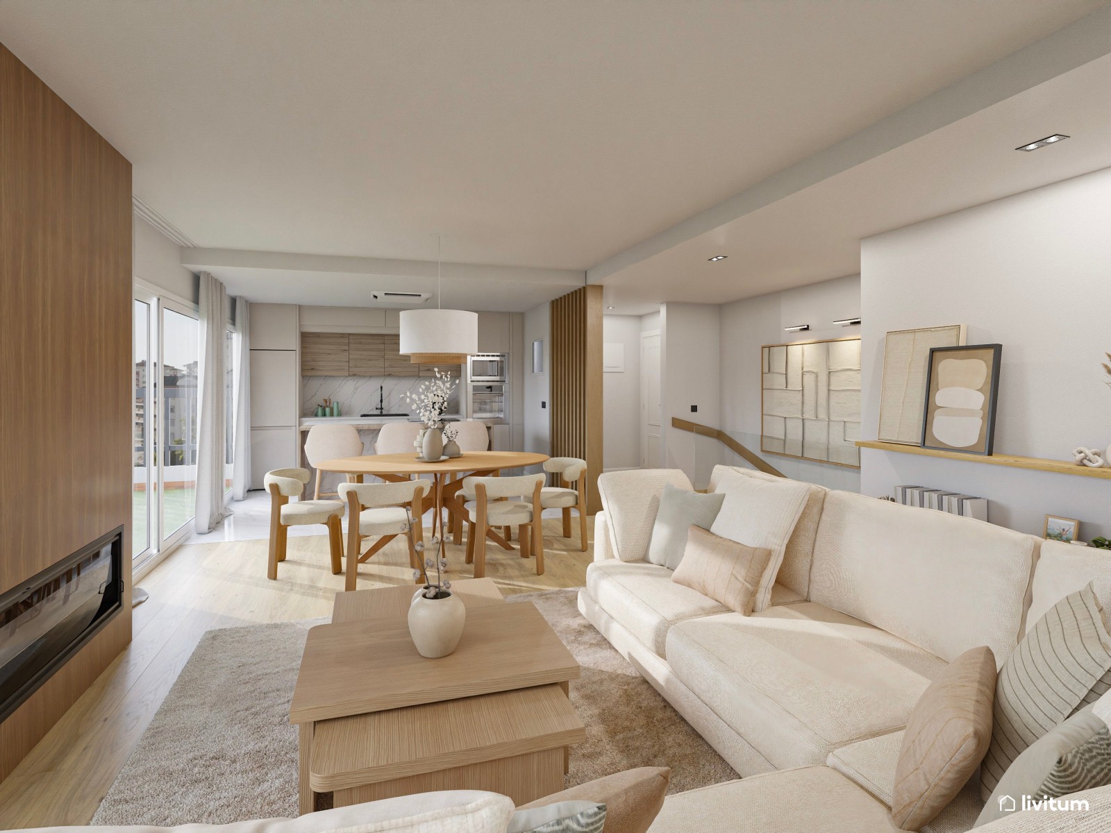 Salón abierto moderno con cocina, recibidor y zona de trabajo