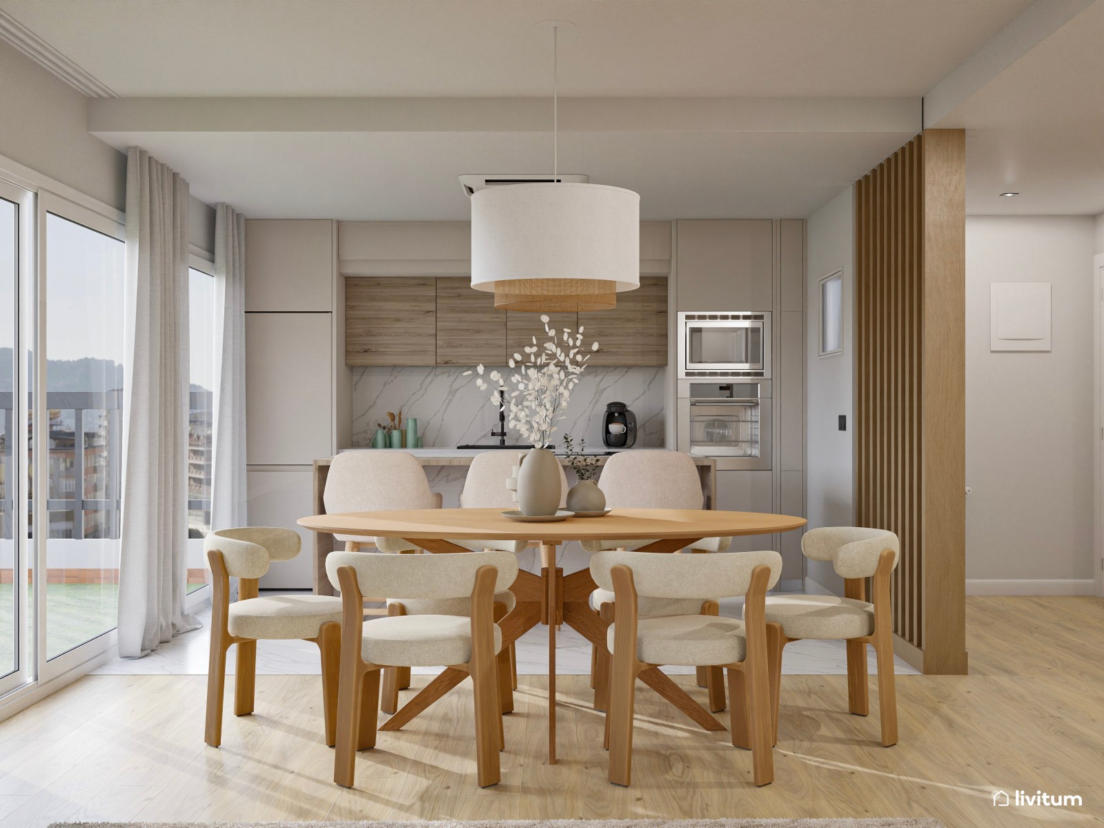Salón abierto moderno con cocina, recibidor y zona de trabajo