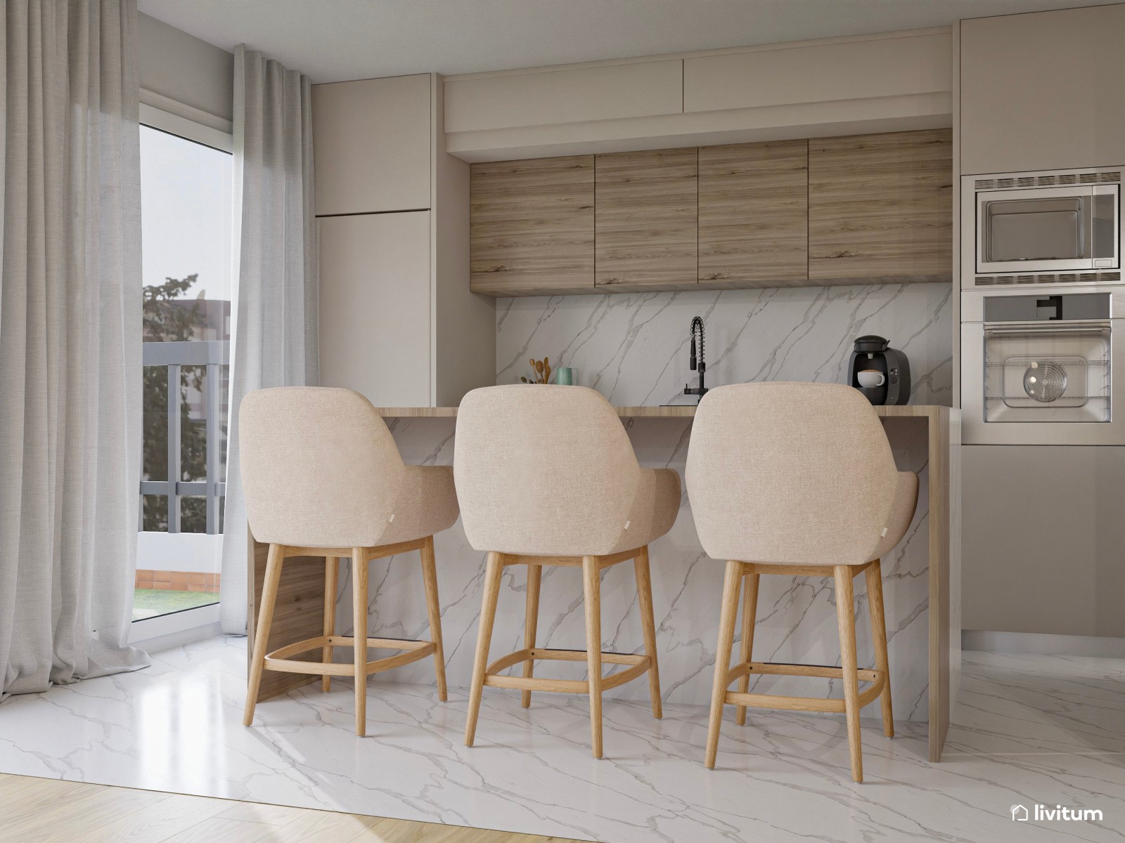 Salón abierto moderno con cocina, recibidor y zona de trabajo