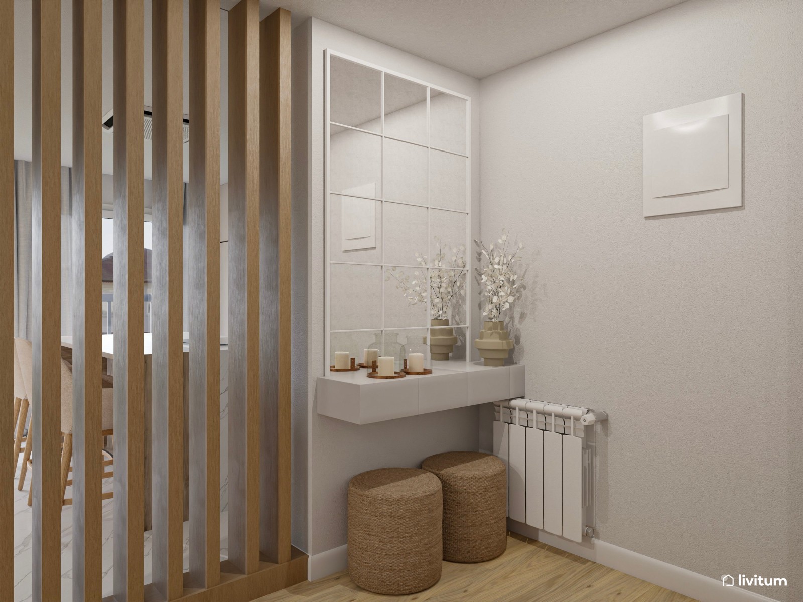 Salón abierto moderno con cocina, recibidor y zona de trabajo