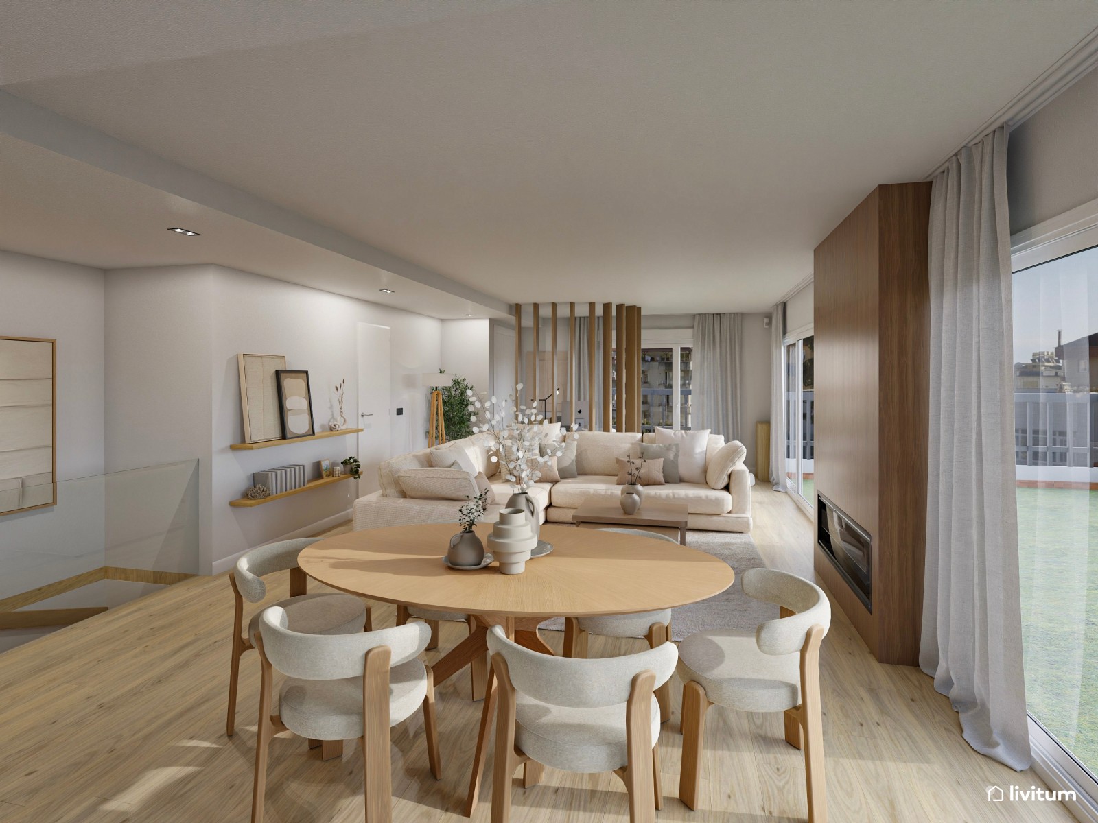 Salón abierto moderno con cocina, recibidor y zona de trabajo