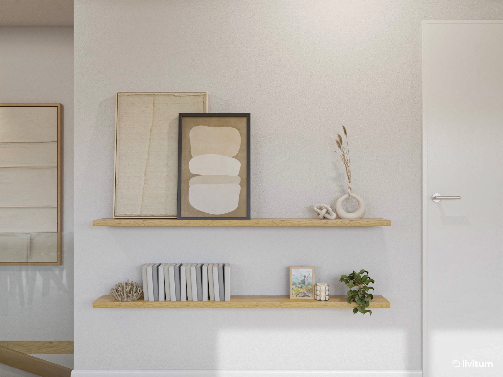 Salón abierto moderno con cocina, recibidor y zona de trabajo