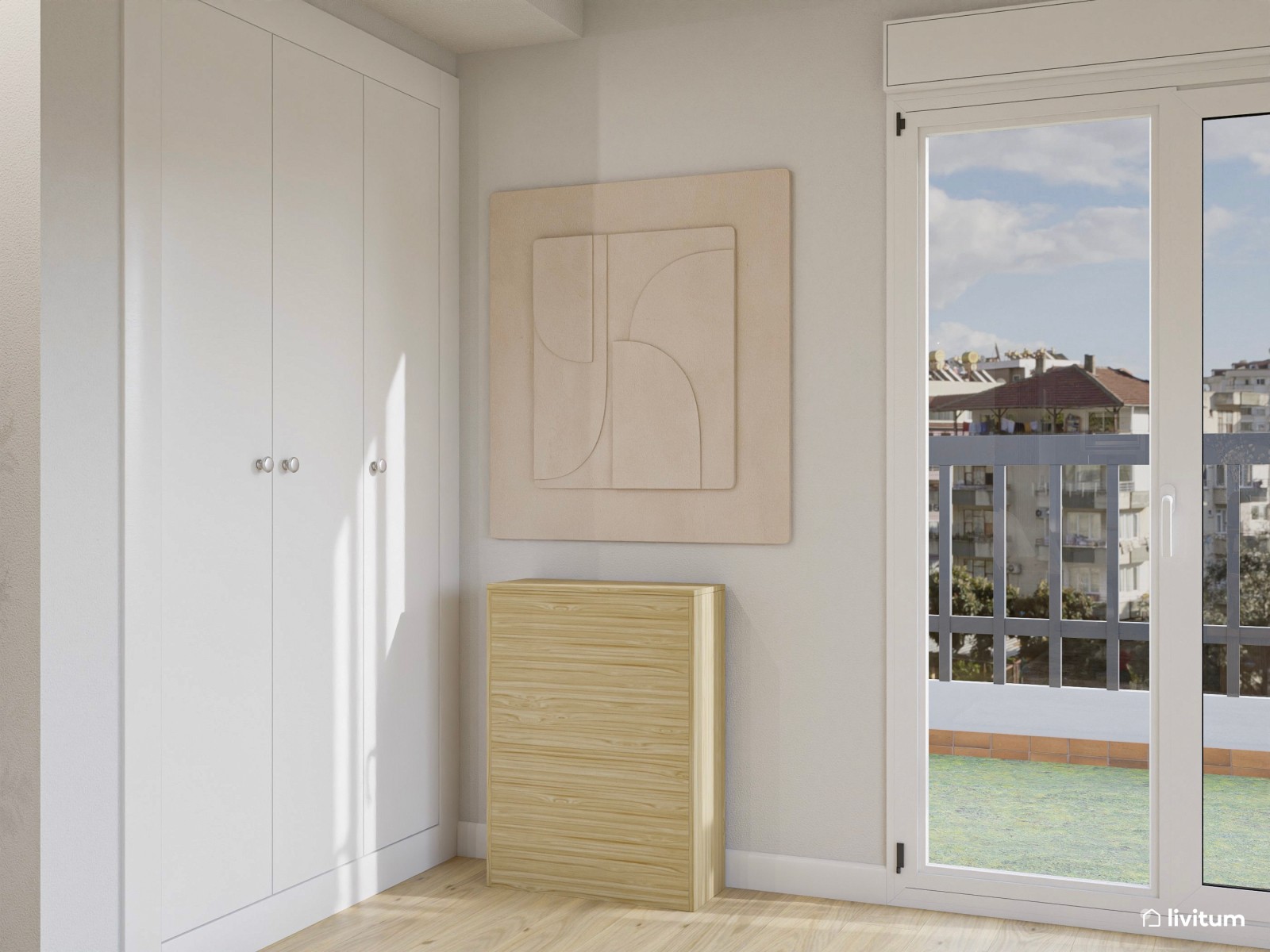 Salón abierto moderno con cocina, recibidor y zona de trabajo