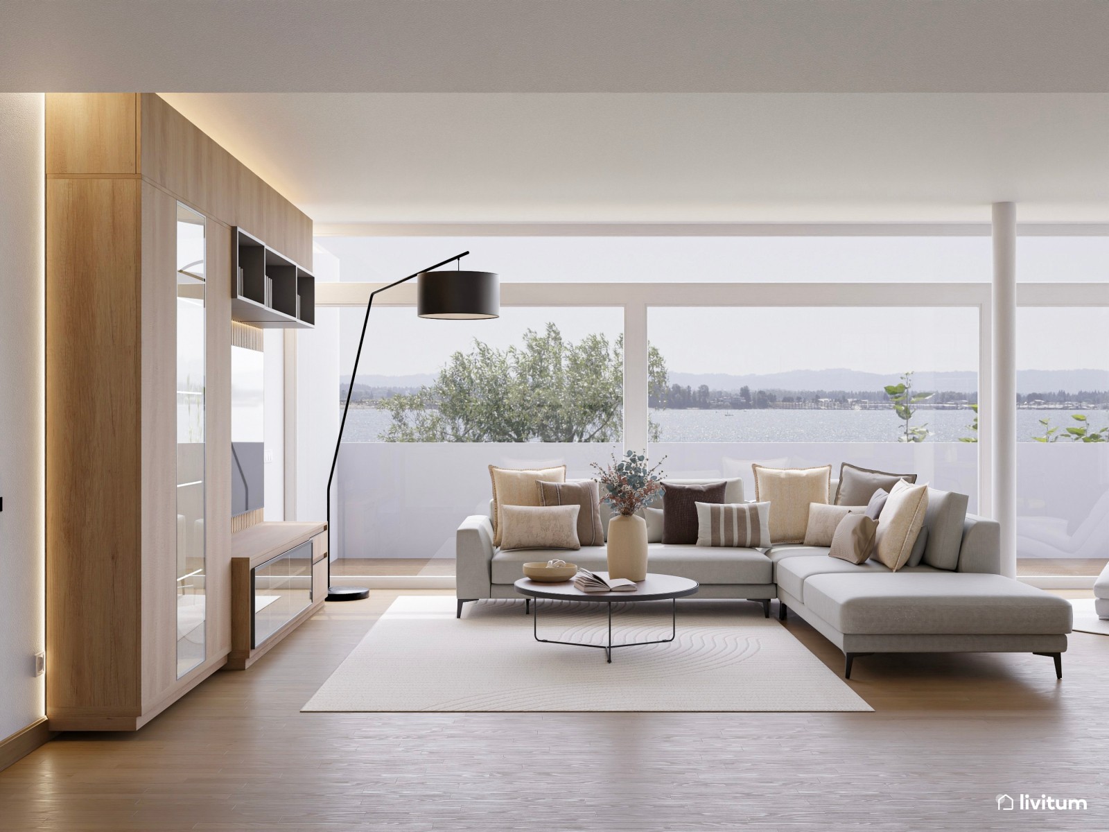 Salón abierto y elegante en tonos neutros con madera y detalles en gris