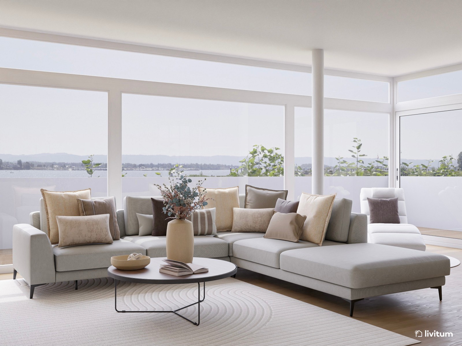 Salón abierto y elegante en tonos neutros con madera y detalles en gris