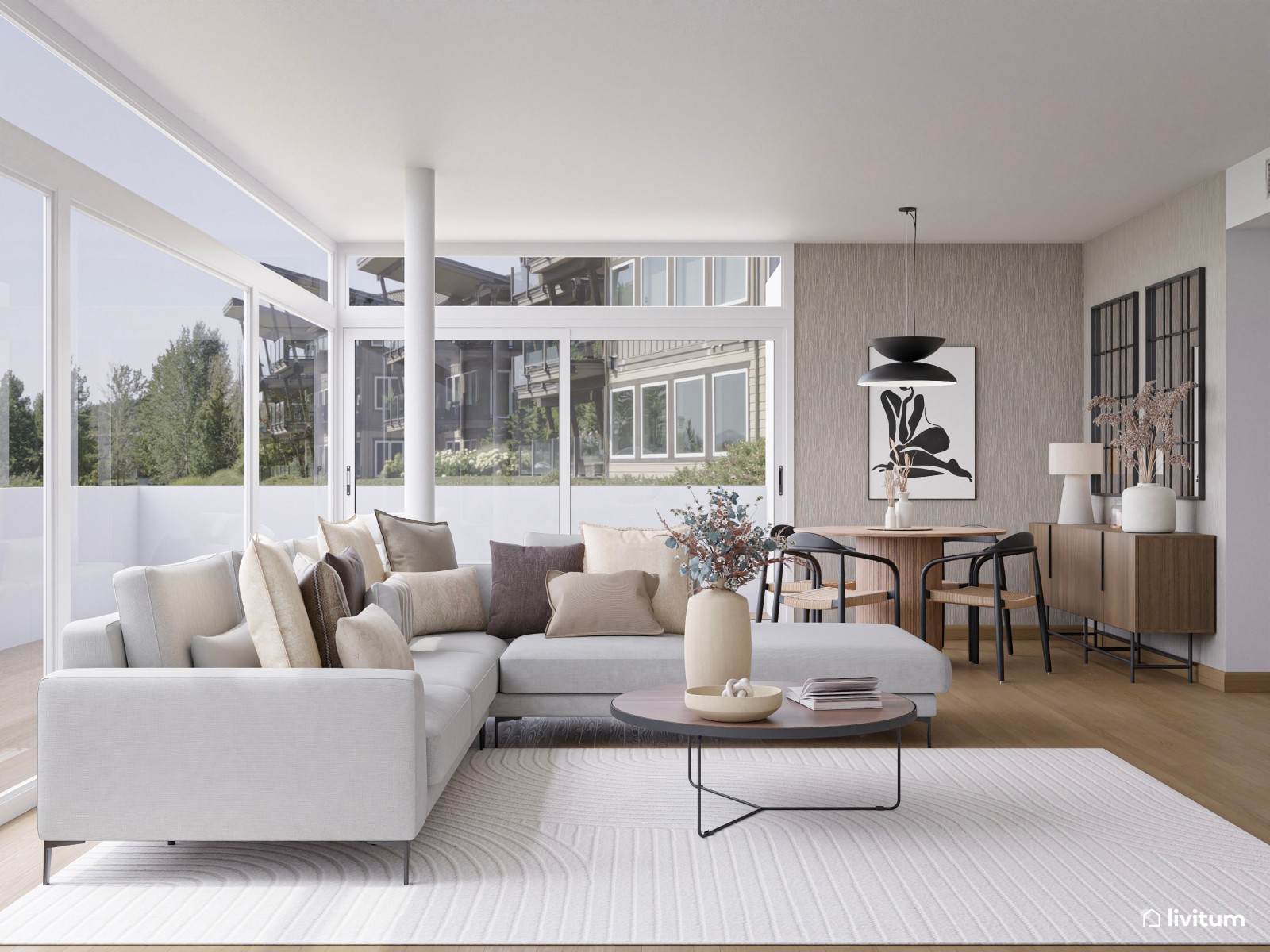 Salón abierto y elegante en tonos neutros con madera y detalles en gris