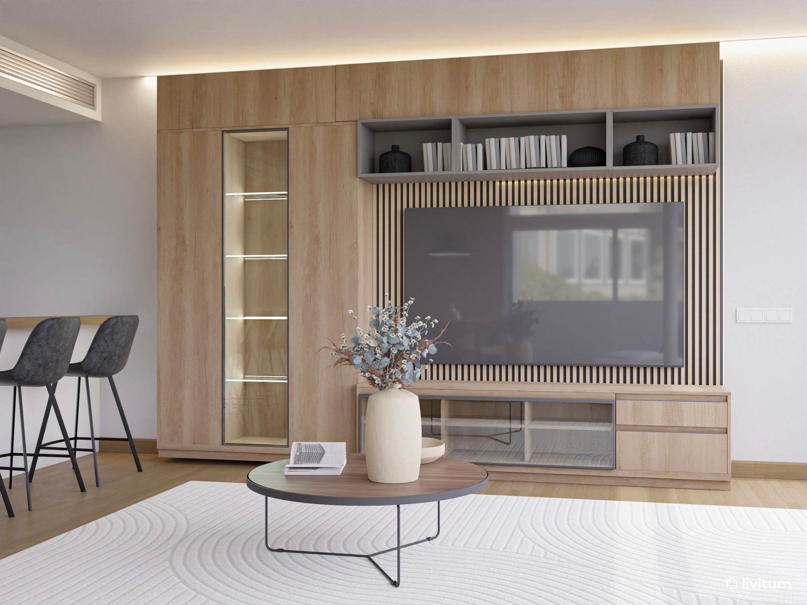 Salón abierto y elegante en tonos neutros con madera y detalles en gris