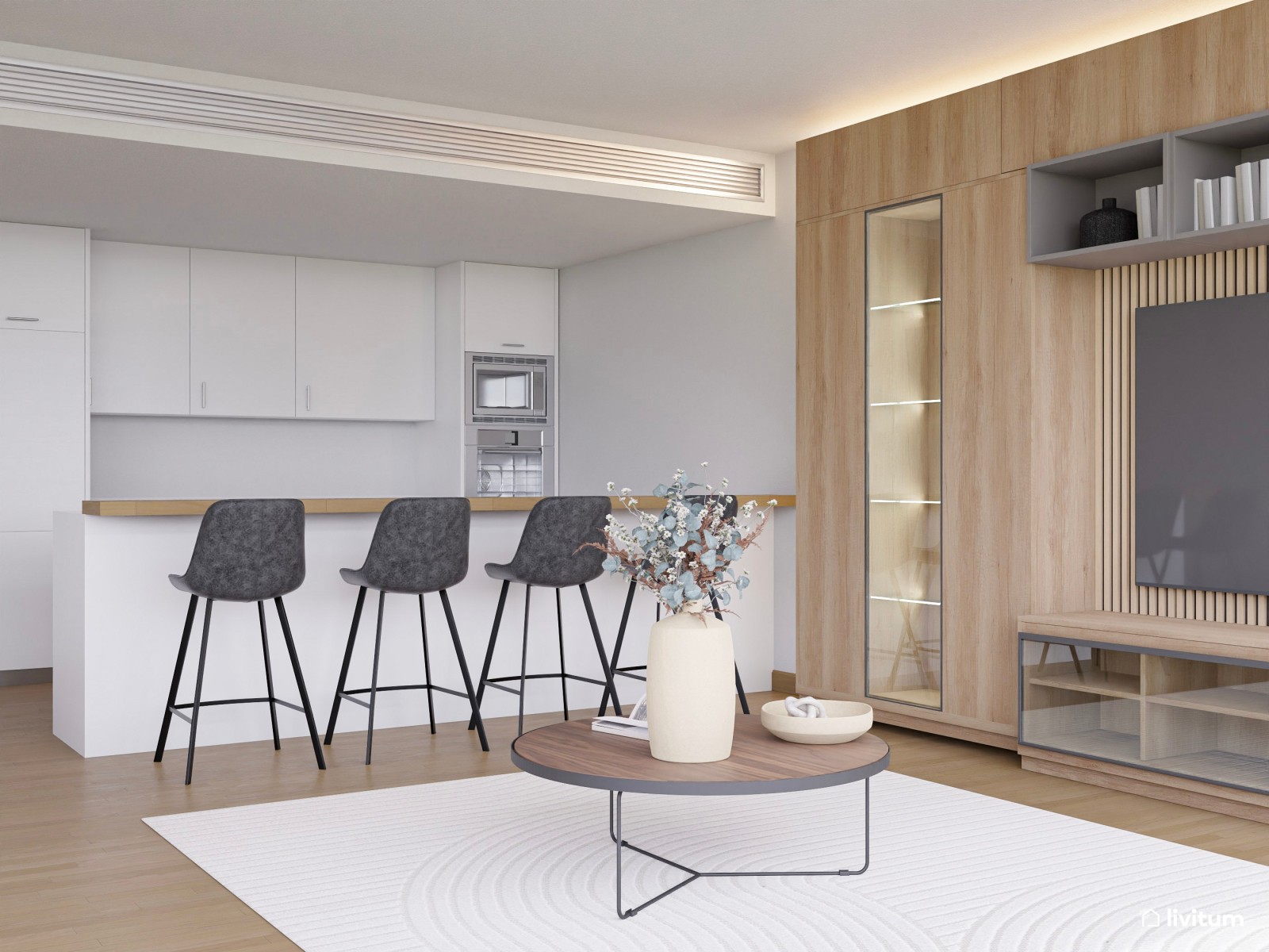 Salón abierto y elegante en tonos neutros con madera y detalles en gris