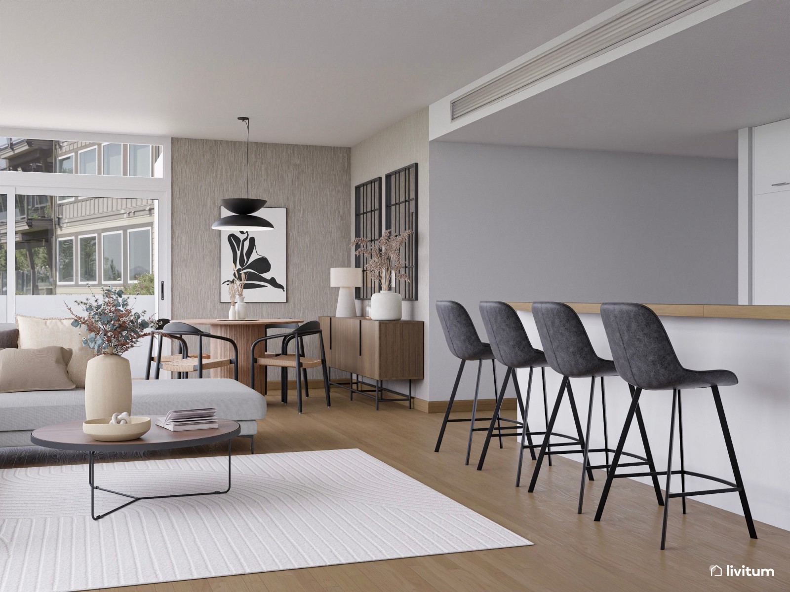 Salón abierto y elegante en tonos neutros con madera y detalles en gris