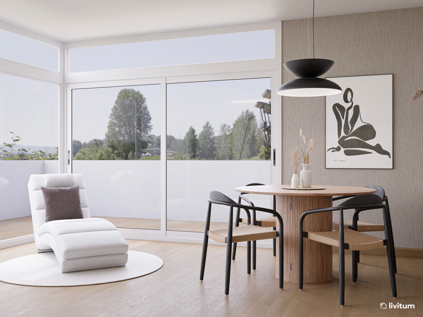 Salón abierto y elegante en tonos neutros con madera y detalles en gris