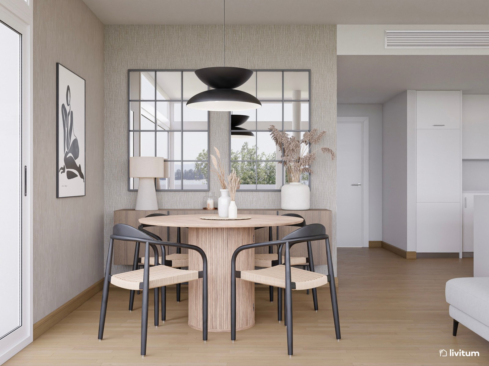 Salón abierto y elegante en tonos neutros con madera y detalles en gris