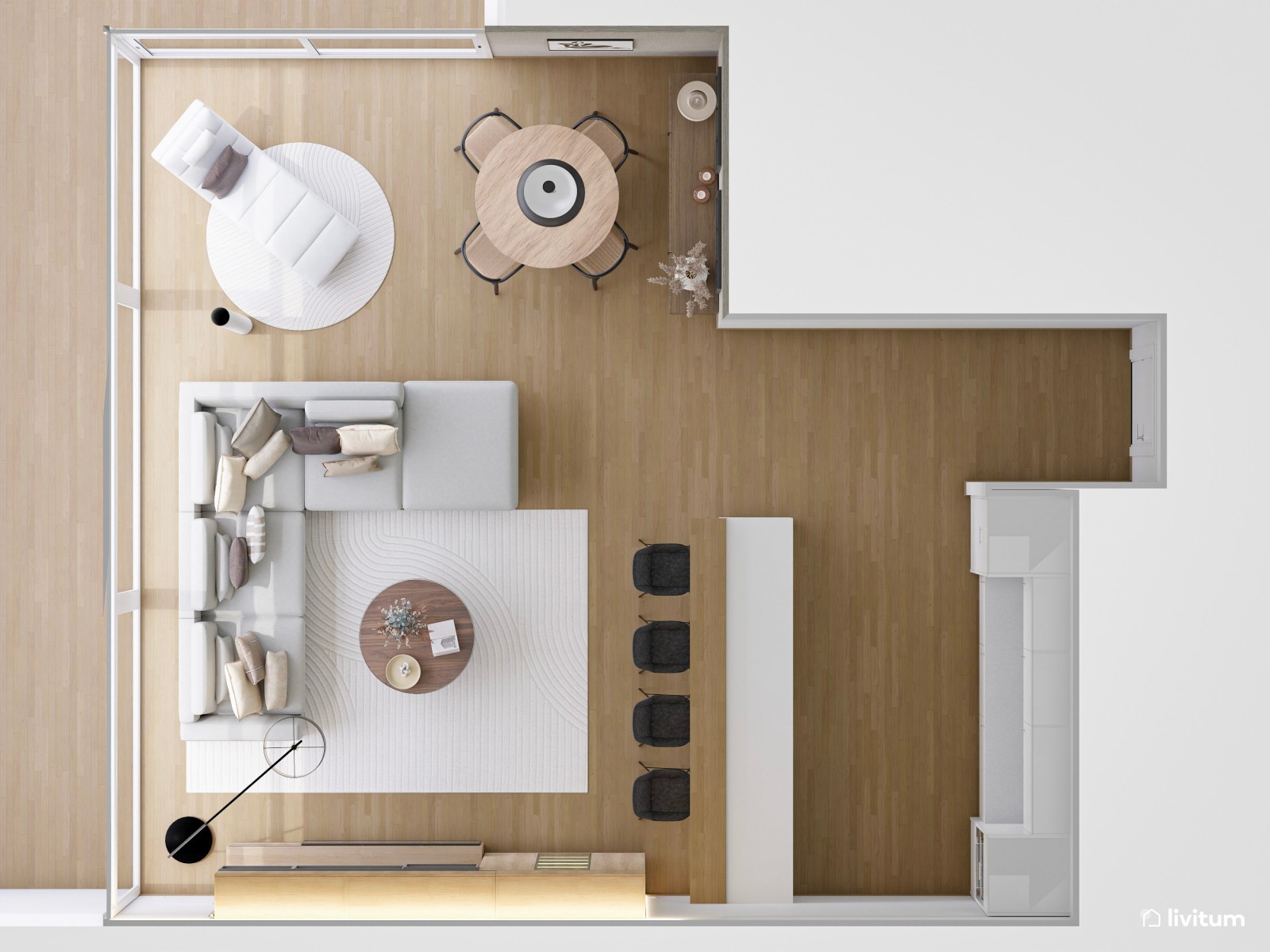 Salón abierto y elegante en tonos neutros con madera y detalles en gris
