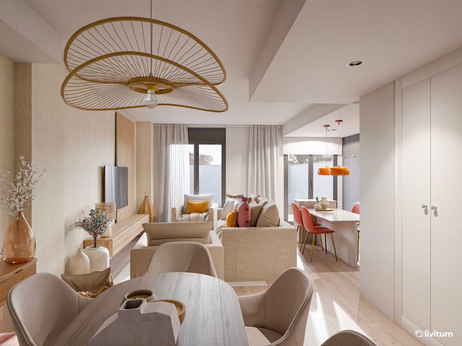 Salón acogedor con cocina abierta y comedor de madera 