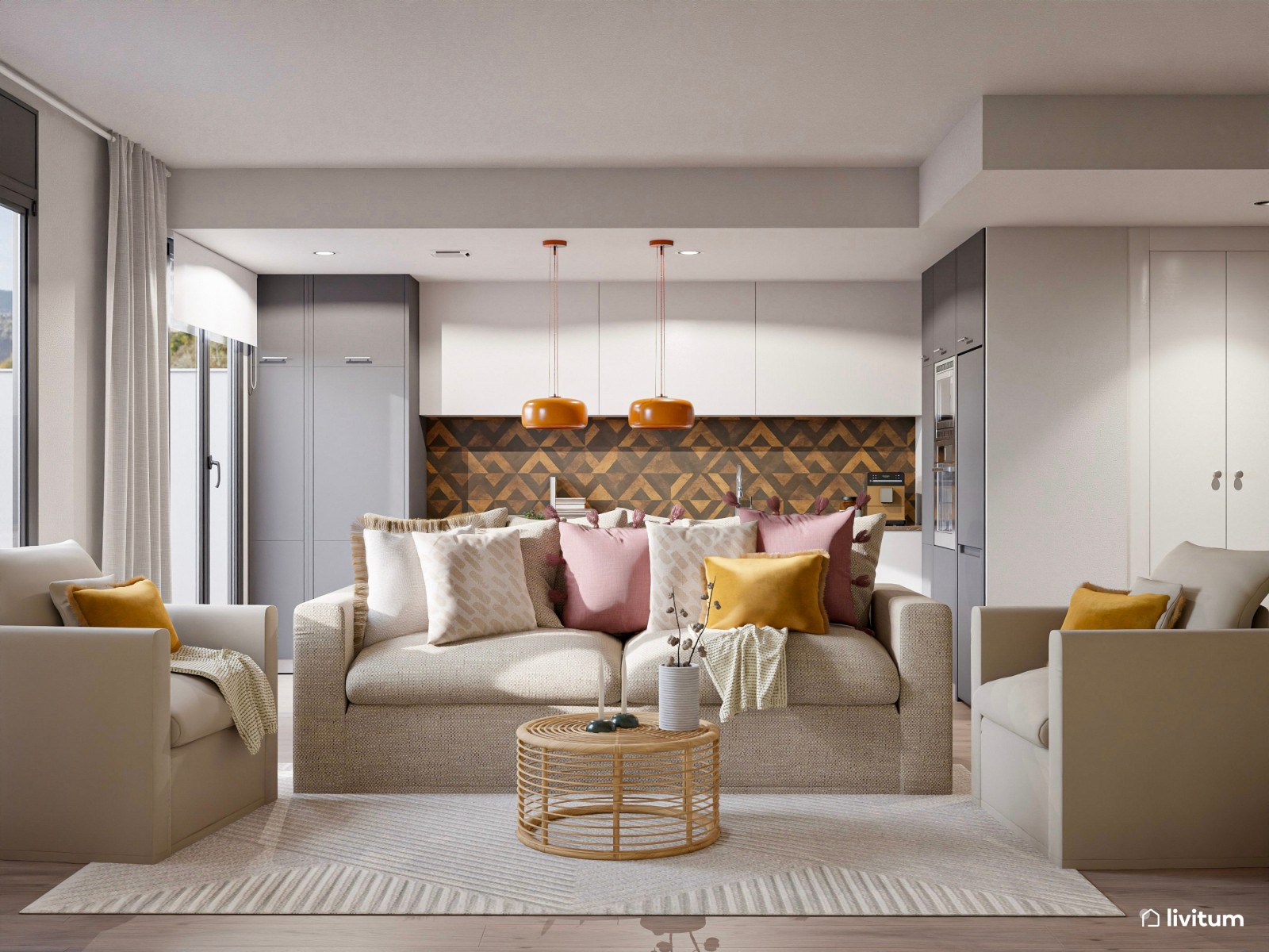 Salón acogedor con cocina abierta y comedor de madera 