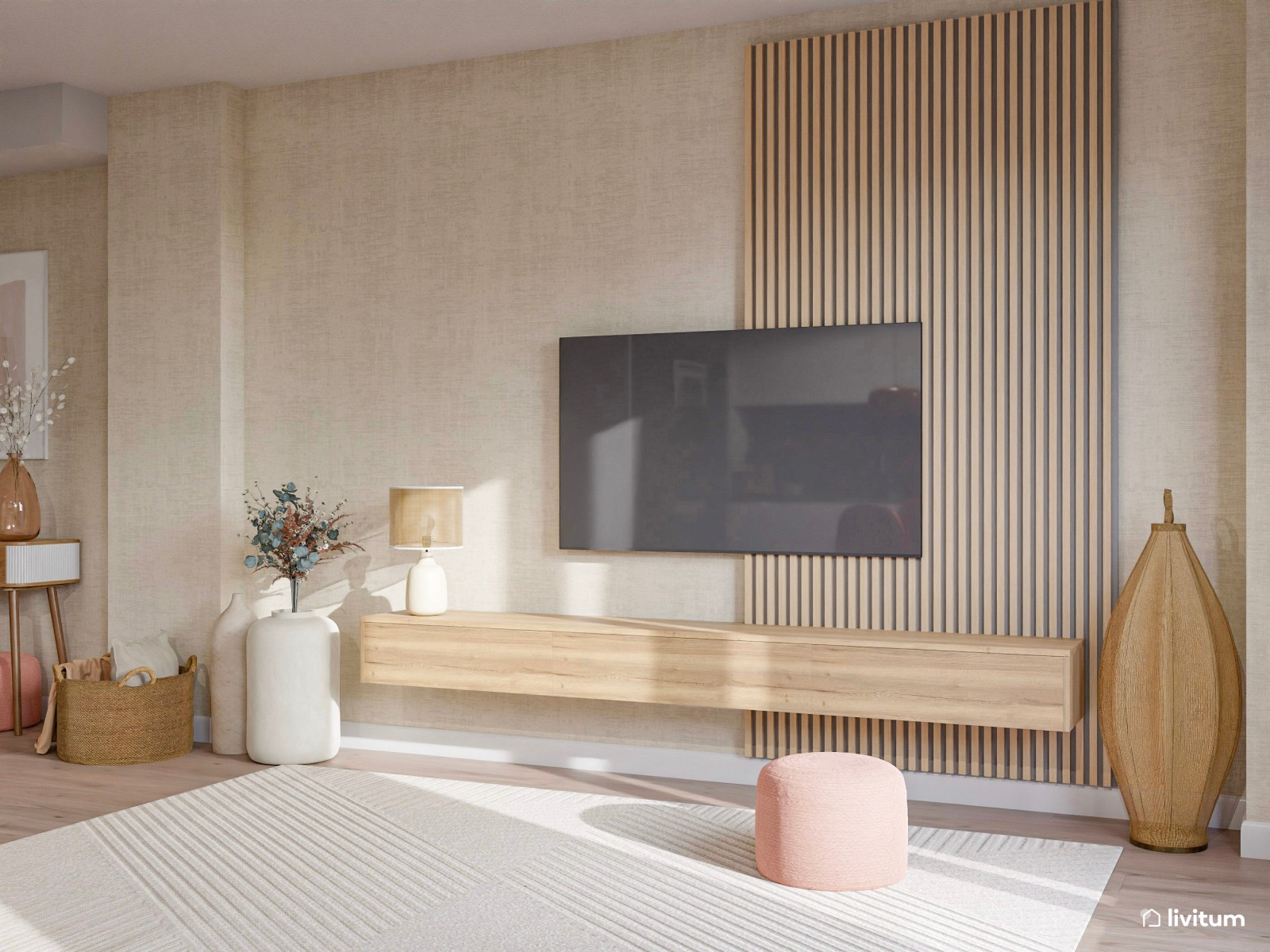 Salón acogedor con cocina abierta y comedor de madera 