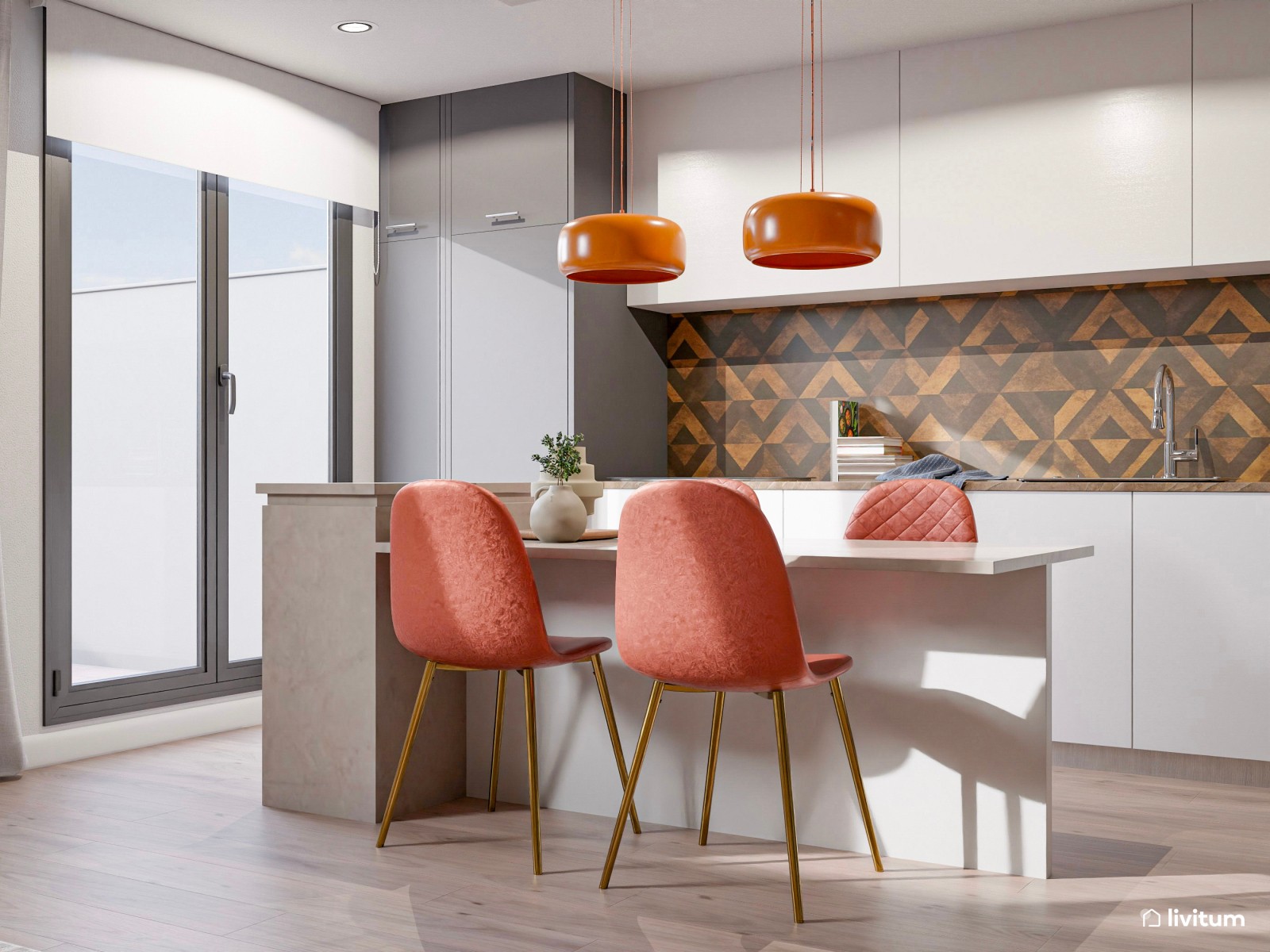 Salón acogedor con cocina abierta y comedor de madera 