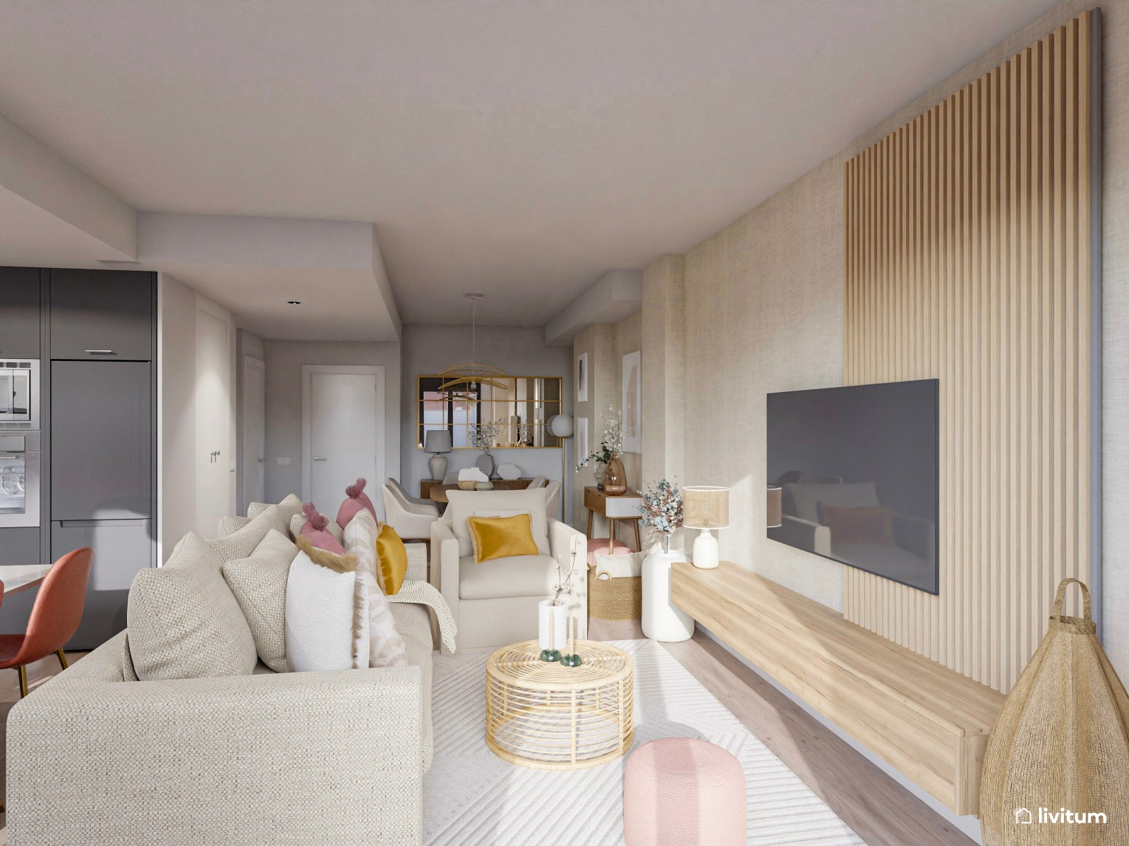 Salón acogedor con cocina abierta y comedor de madera 