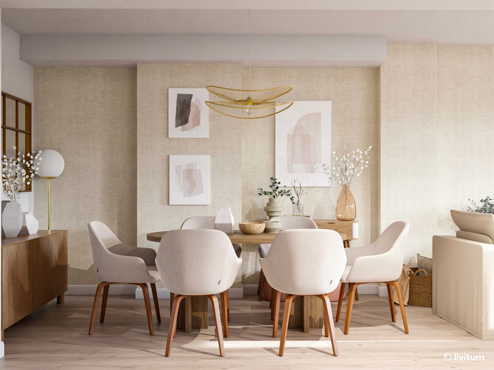 Salón acogedor con cocina abierta y comedor de madera 