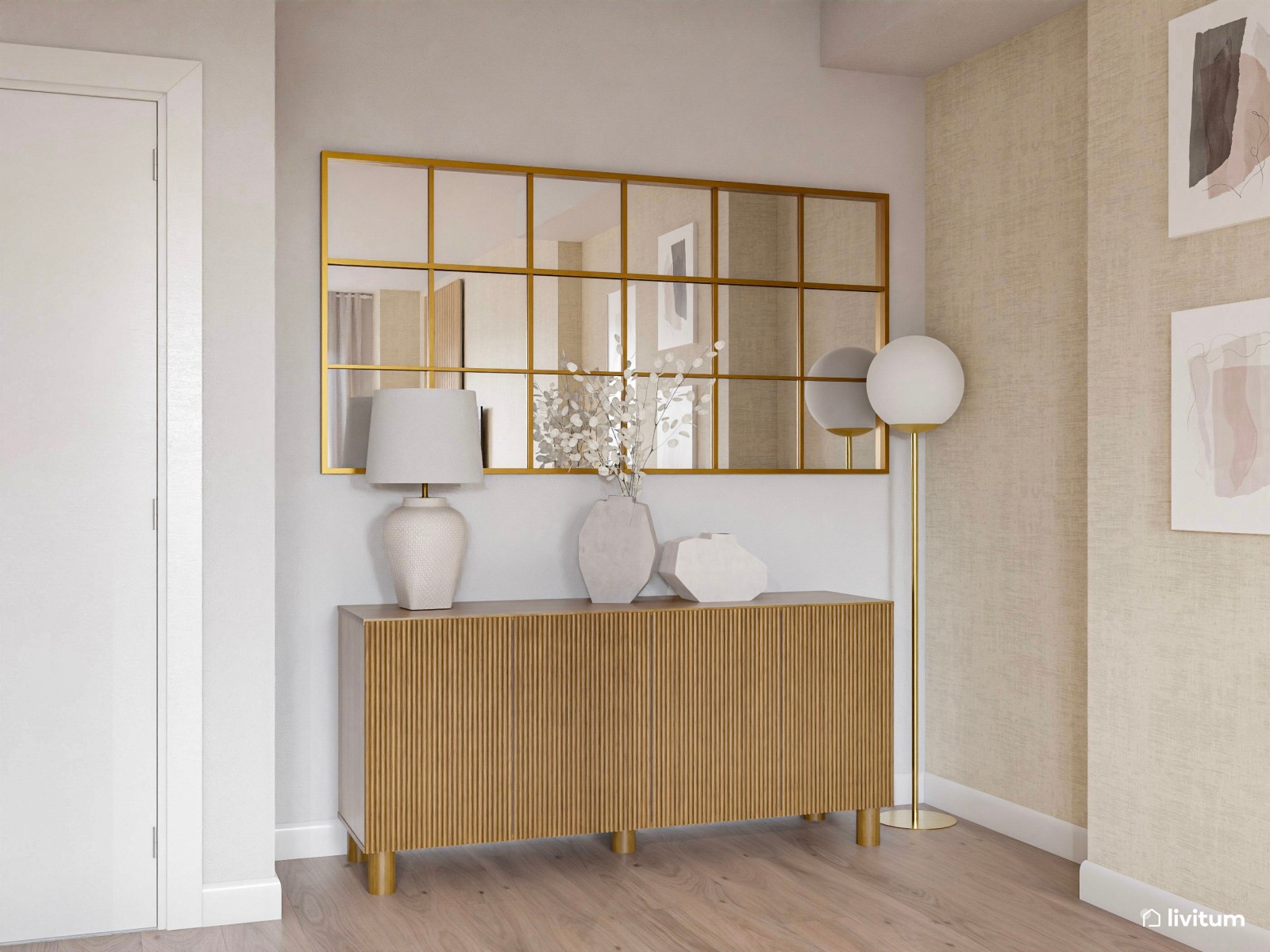 Salón acogedor con cocina abierta y comedor de madera 