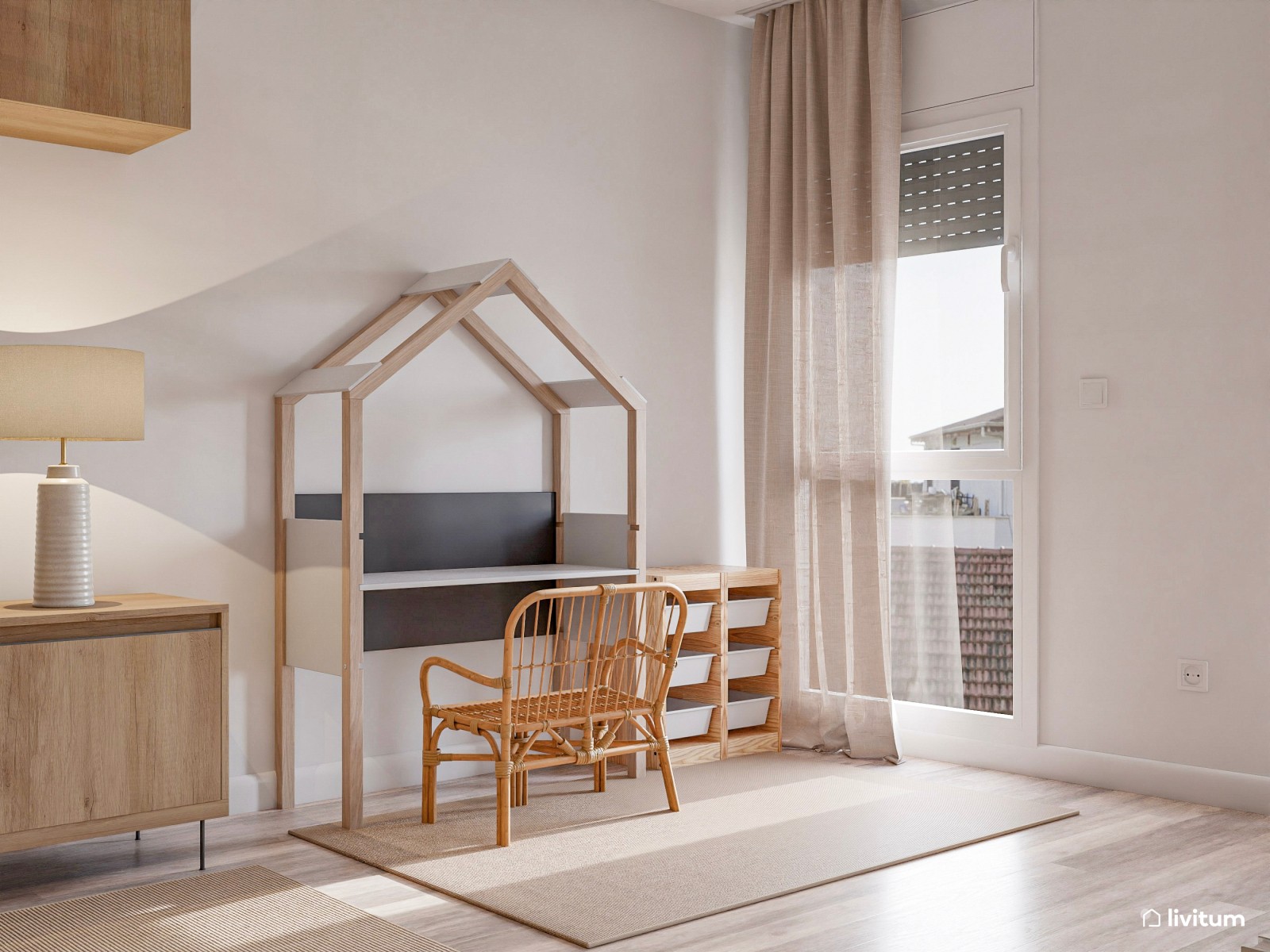 Salón acogedor y moderno con zona de estudio para niños 