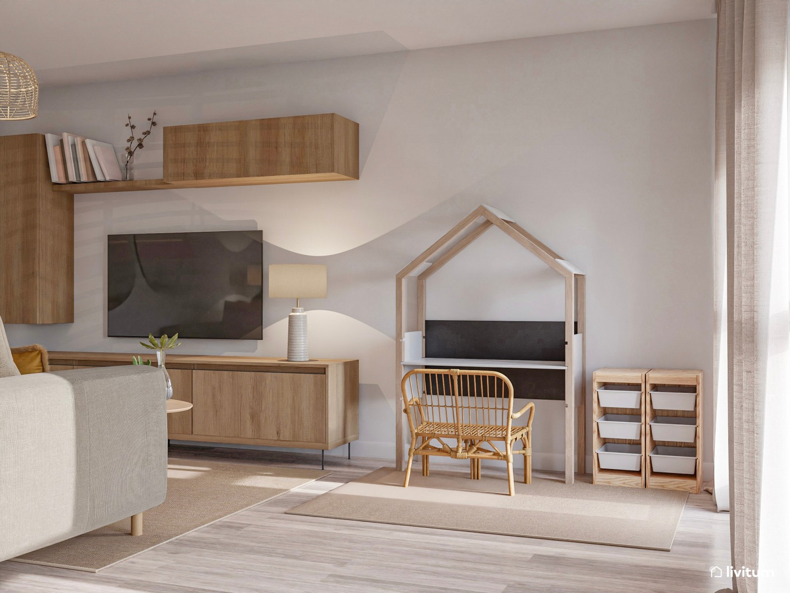 Salón acogedor y moderno con zona de estudio para niños 
