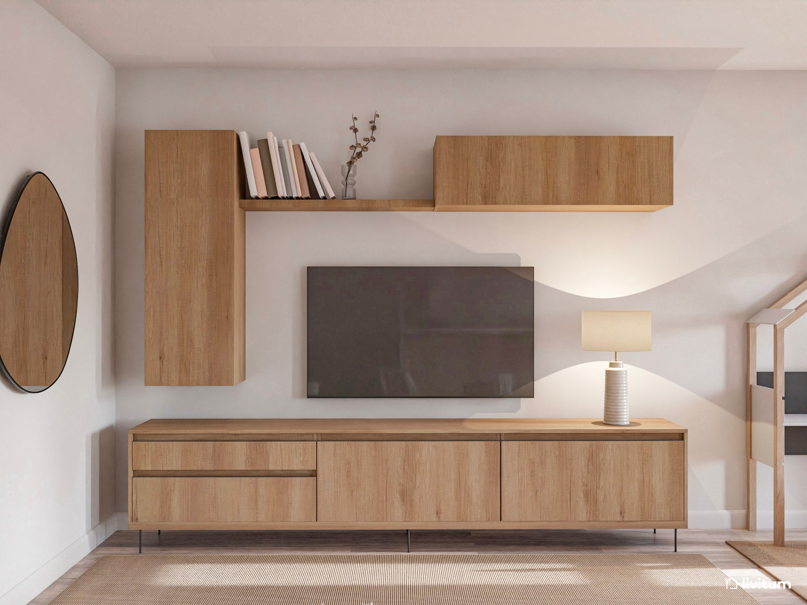 Salón acogedor y moderno con zona de estudio para niños 