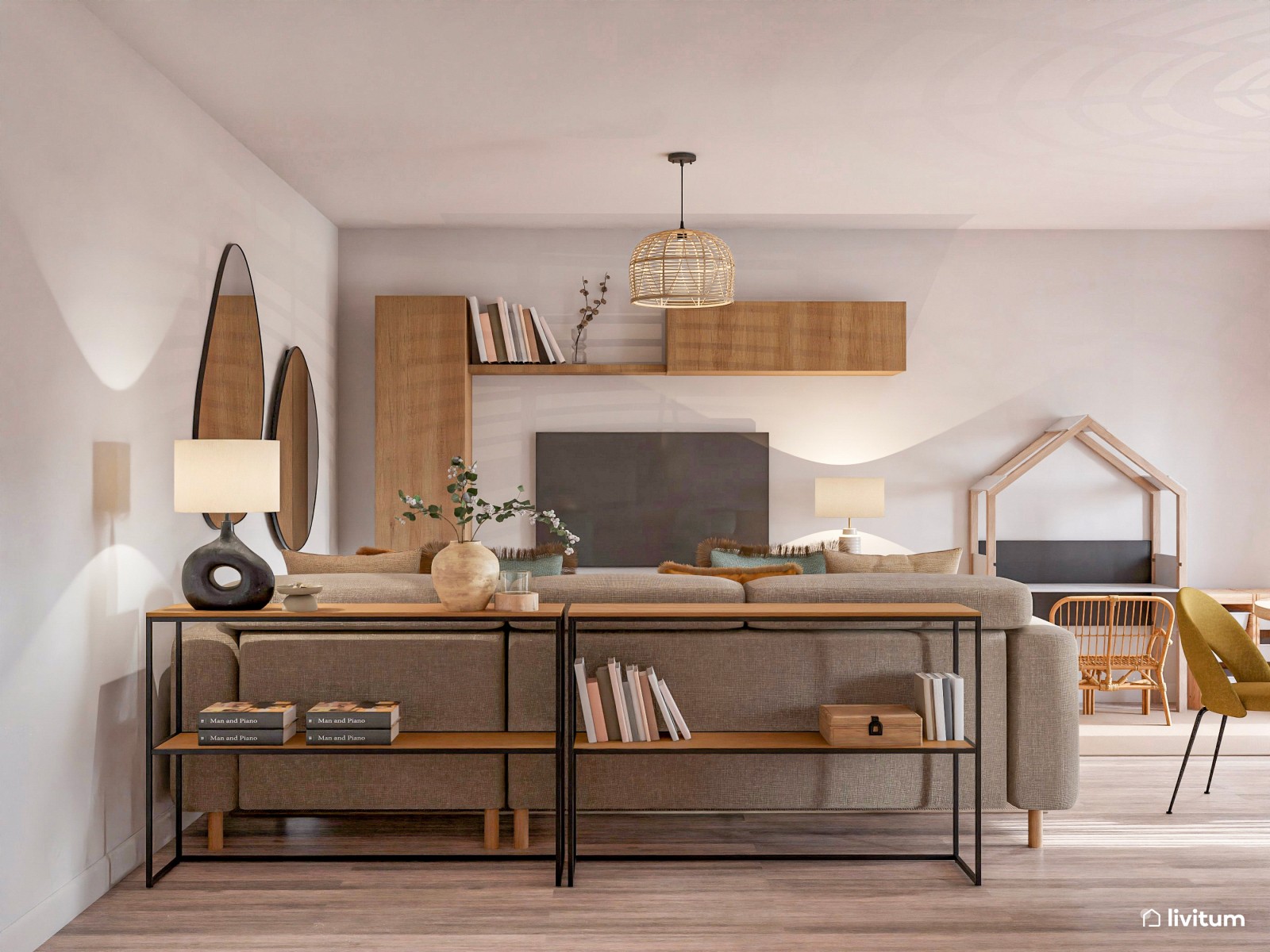 Salón acogedor y moderno con zona de estudio para niños 