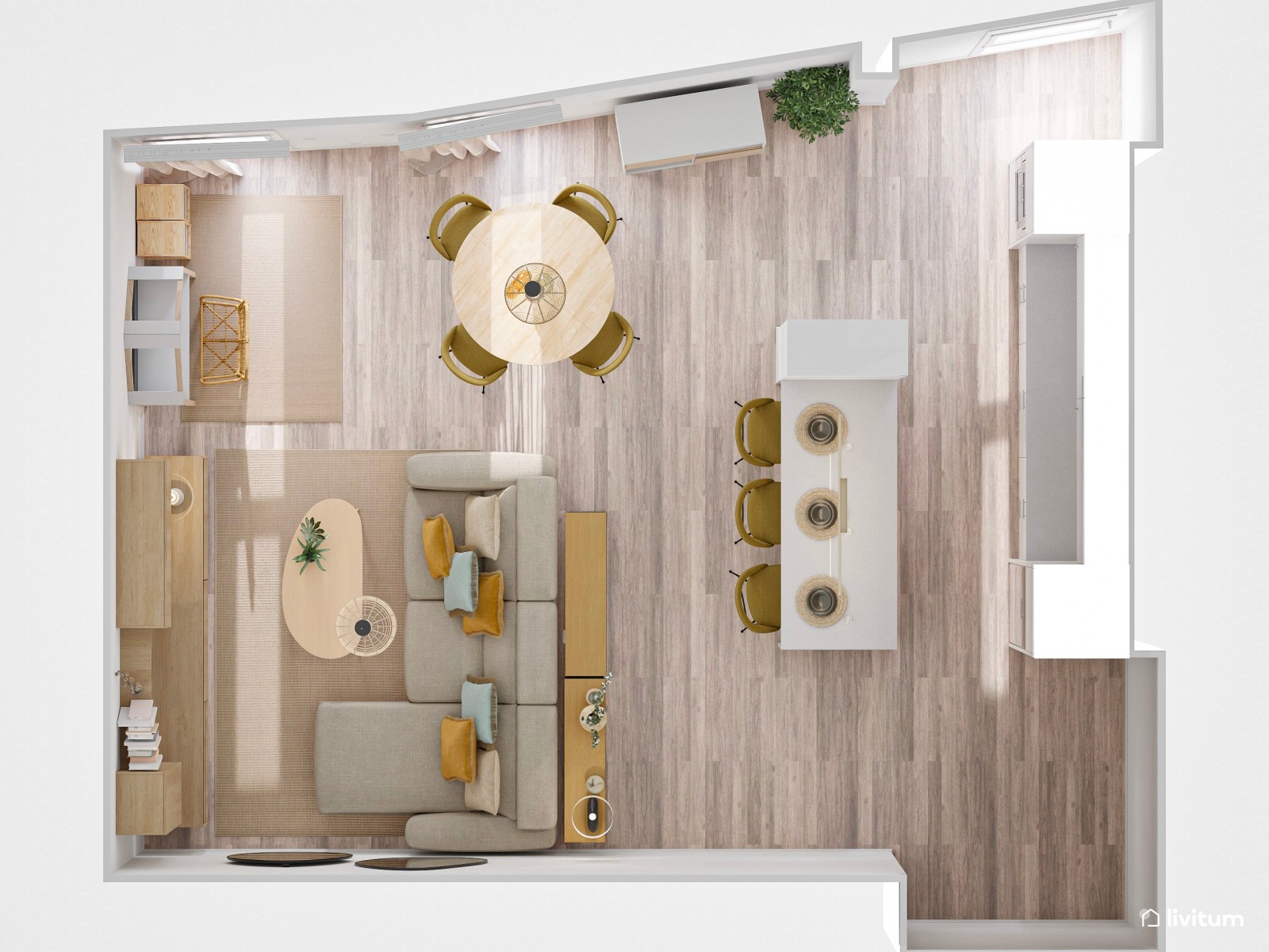 Salón acogedor y moderno con zona de estudio para niños 
