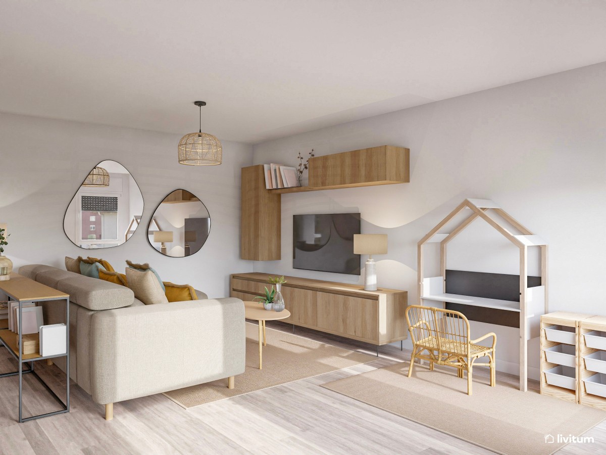 Salón acogedor y moderno con zona de estudio para niños